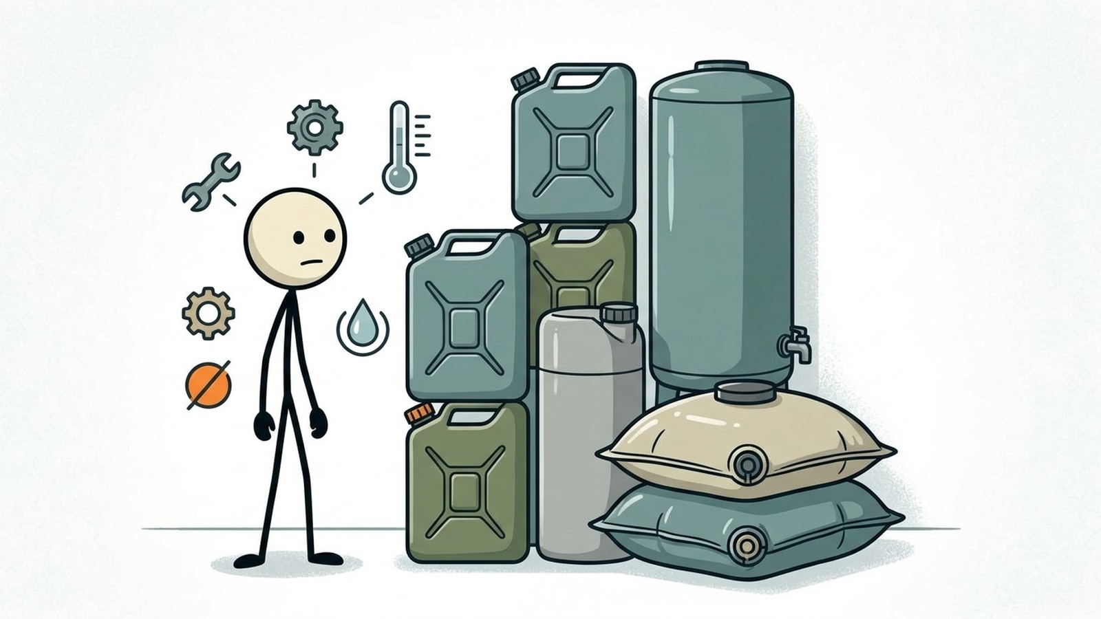 SC-Stil Illustration für die Planung einer praktischen Wasserspeicherung für kleine Wohnungen ohne Garagen, Keller oder große Fässer.