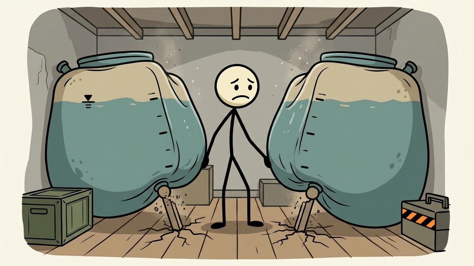 SC-Stil Illustration für die Planung einer praktischen Wasserspeicherung für kleine Wohnungen ohne Garagen, Keller oder große Fässer.