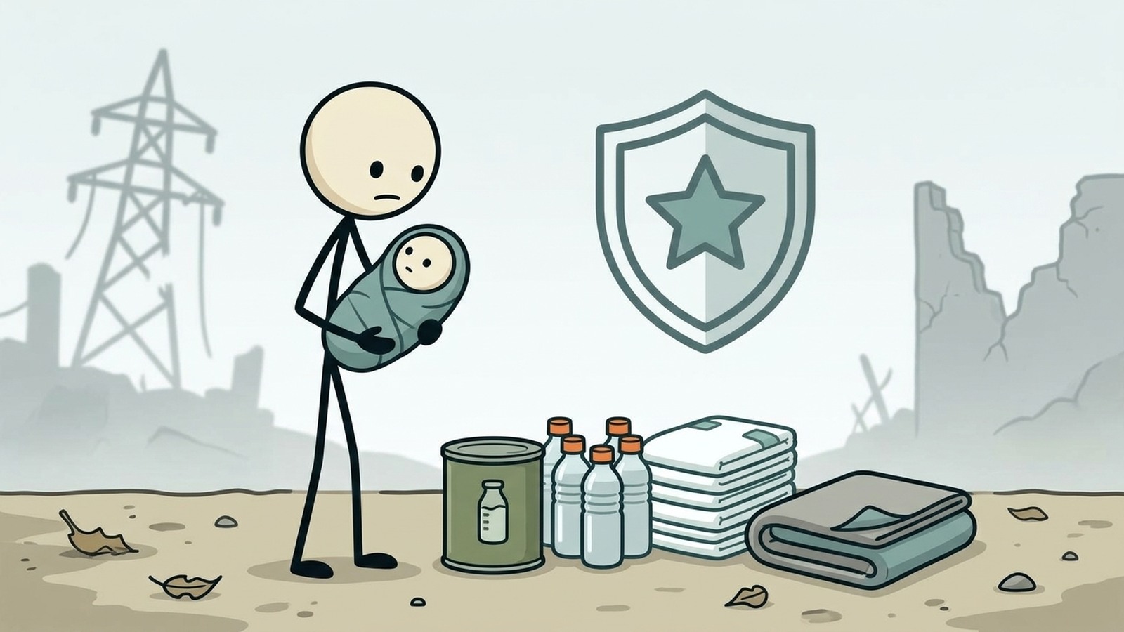 SC-style illustration for Prepare a baby-specific 72-hour kit and routines for feeding, hygiene, temperature, and transport.