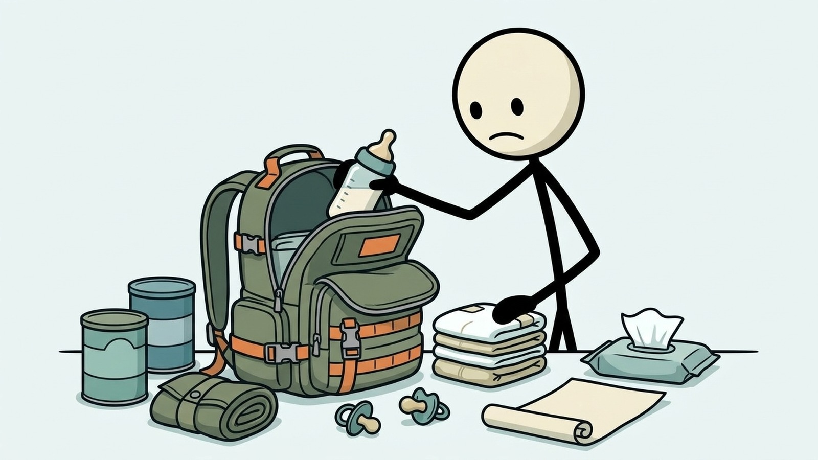 SC-style illustration for Prepare a baby-specific 72-hour kit and routines for feeding, hygiene, temperature, and transport.