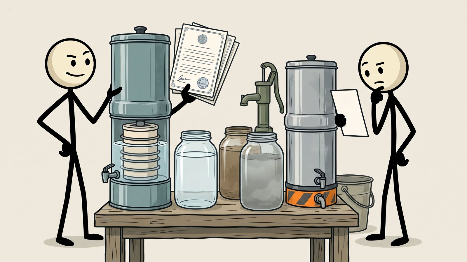 SC-Stil Illustration für den direkten Vergleich der drei führenden Haushalts-Schwerkraft-Wasserfilter