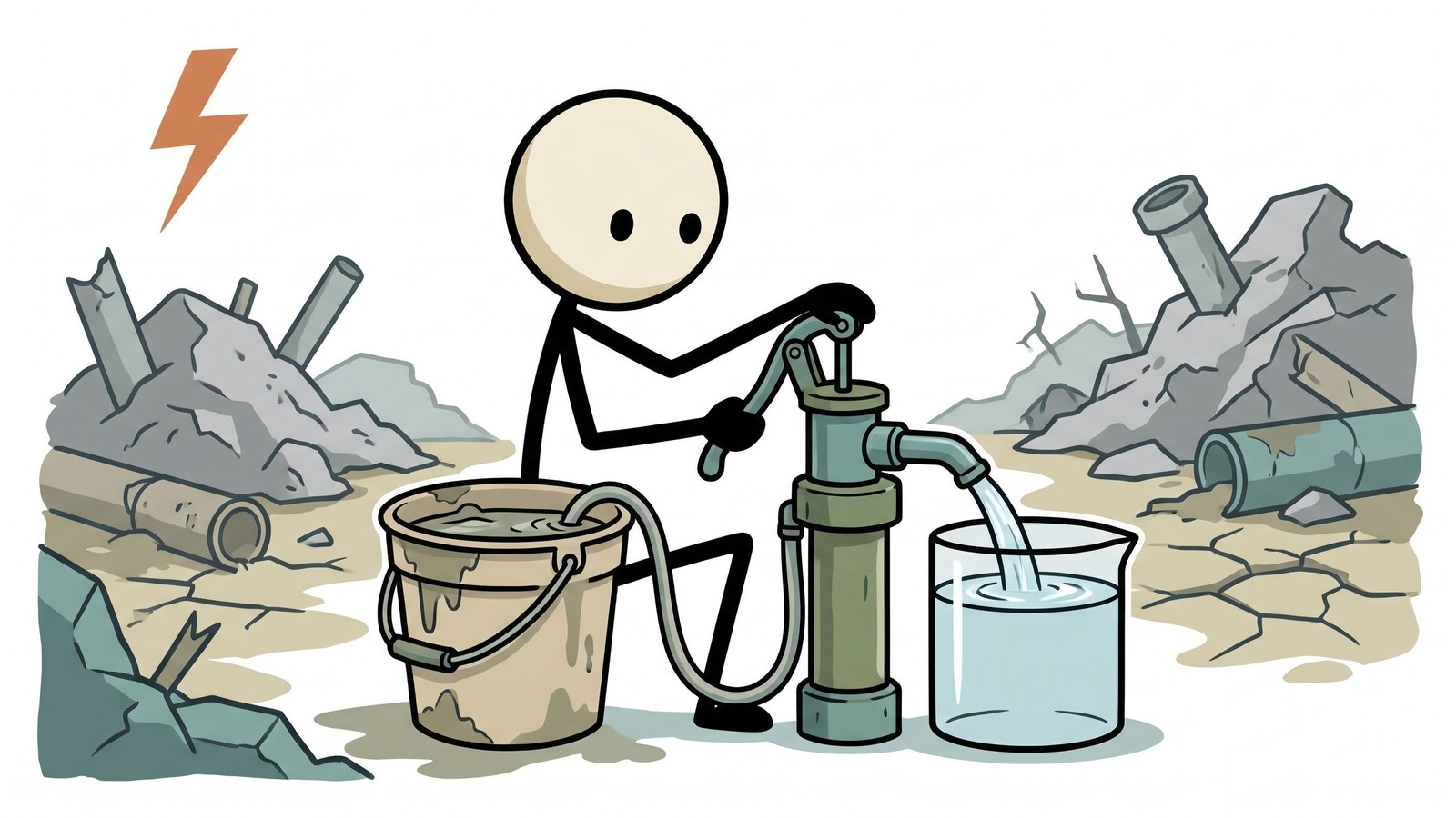 SC-Stil Illustration zum Vergleich von Notwasserfiltrations- und -reinigungsmöglichkeiten für den Heimgebrauch, Notfallausrüstung und Familiendurchsatz