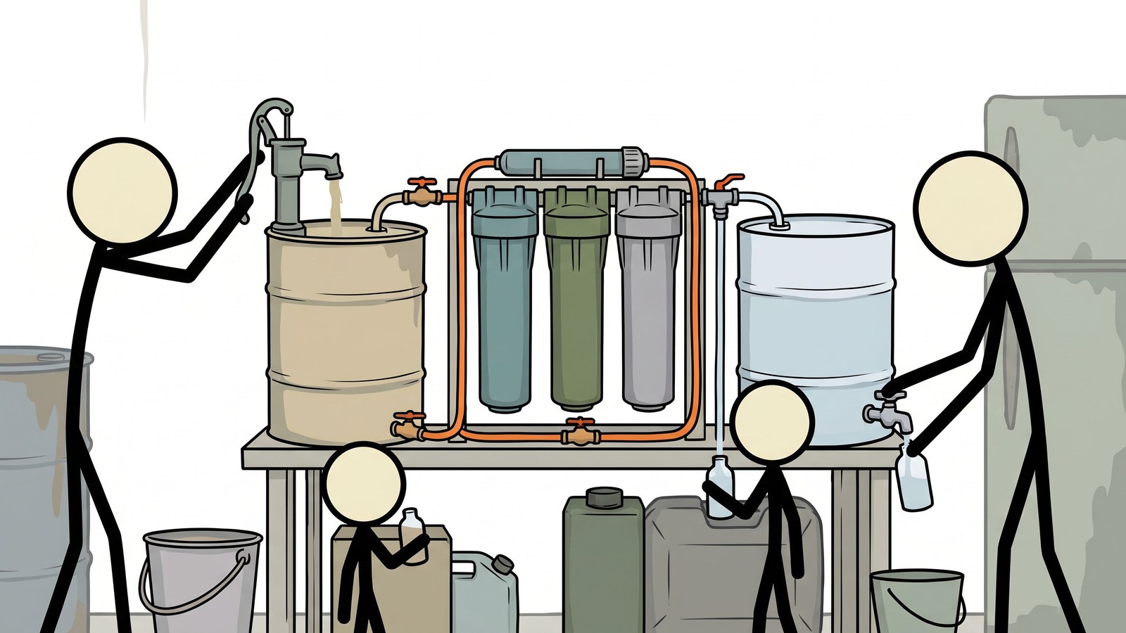 SC-Stil Illustration zum Vergleich von Notwasserfiltrations- und -reinigungsmöglichkeiten für den Heimgebrauch, Notfallausrüstung und Familiendurchsatz