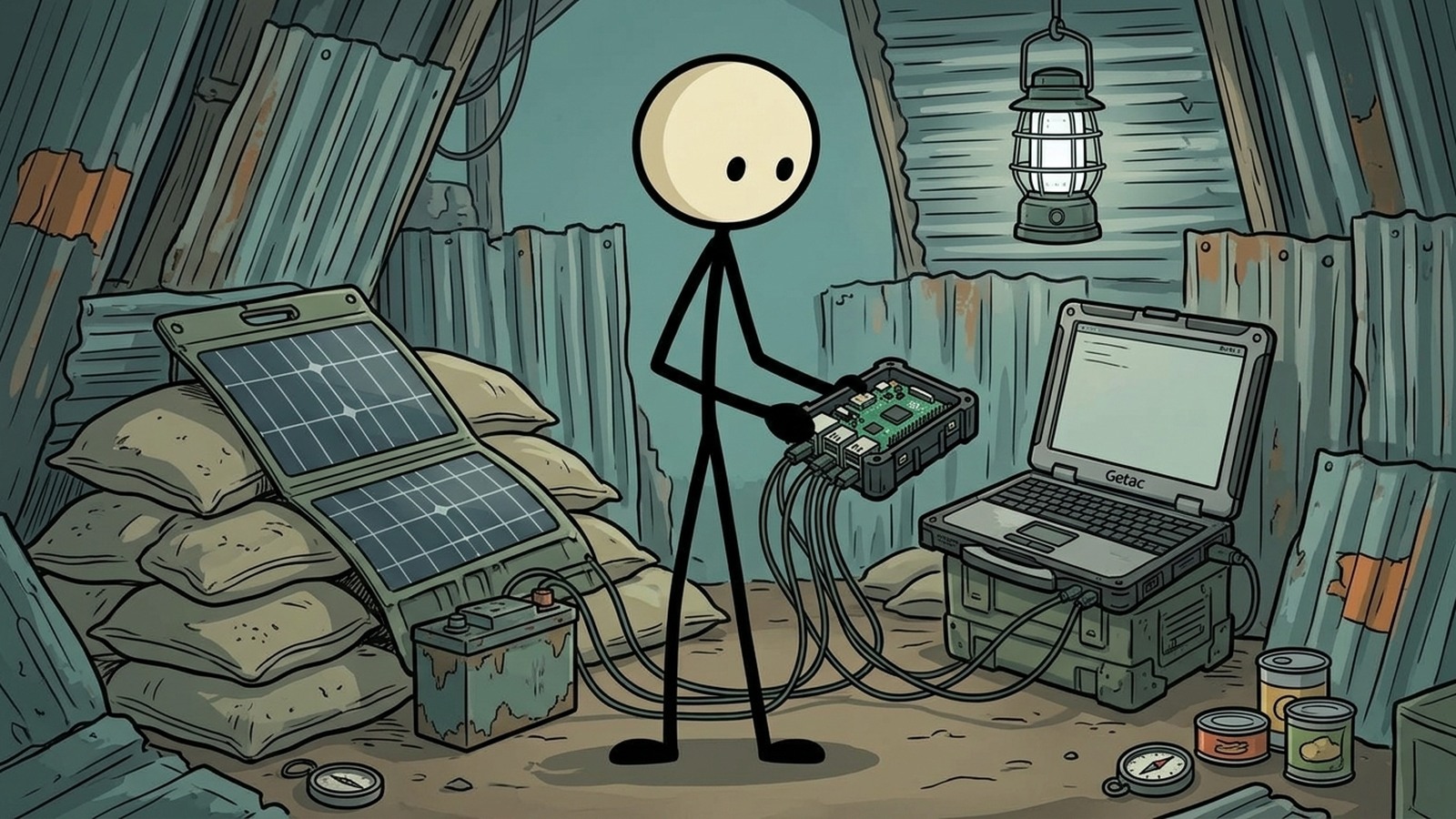 SC-style illustration for How to set up a budget offline AI system with local LLMs for preppers and survivalists. Present TWO paths clearly: PATH 1 (LINUX - recommended for most preppers): Project Nomad on Ubuntu/Debian - the all-in-one solution. One install command, gets you offline Wikipedia, Khan Academy, medical references, survival guides, OpenStreetMap, AND GPU-accelerated local LLMs. Requires Ubuntu 22.04+ or Debian 12+. Best hardware: used desktop PC with AMD Ryzen 7 or Intel i7, 32GB RAM, dedicated NVIDIA GPU or AMD Radeon 780M+, 1TB SSD. Budget options: refurbished Dell OptiPlex or HP EliteDesk with i7 ($150-250 on eBay), add a used NVIDIA GTX 1070/1080 for $80-120 for GPU acceleration. Total budget: $230-370 for a full Project Nomad rig. PATH 2 (macOS - for people who already own a Mac): Ollama + Open WebUI + AnythingLLM. Not as turnkey as Project Nomad but same core functionality. Mac Mini M1 16GB ($250-300 used) runs 7-8B models with full Metal GPU acceleration at only 10-15W idle (solar compatible). Software is all free and open source. Compare both paths: Project Nomad is the better prepper choice because it includes offline Wikipedia, maps, education content out of the box. The macOS route requires more manual setup but works great if you already own the hardware. Power consumption analysis for both paths. Why preppers need offline AI: internet-dependent knowledge is a single point of failure. Project Nomad comparison table vs PrepperDisk ($199-279), Doom Box ($699), R.E.A.D.I. ($499) - NOMAD is free and runs on any PC. Step-by-step guide for both paths.