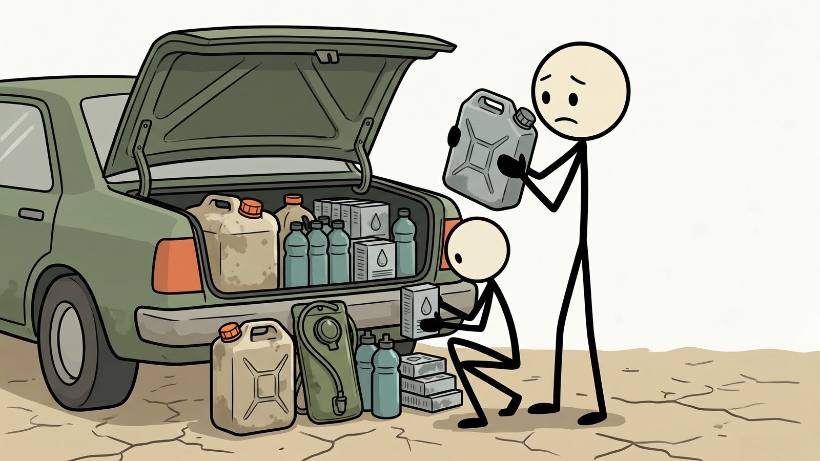 SC-Stil Illustration für Notfallvorsorge im Fahrzeug, einschließlich Werkzeuge, saisonaler Ausrüstung, Kommunikations-Backups und Sicherheitsprotokoll am Straßenrand