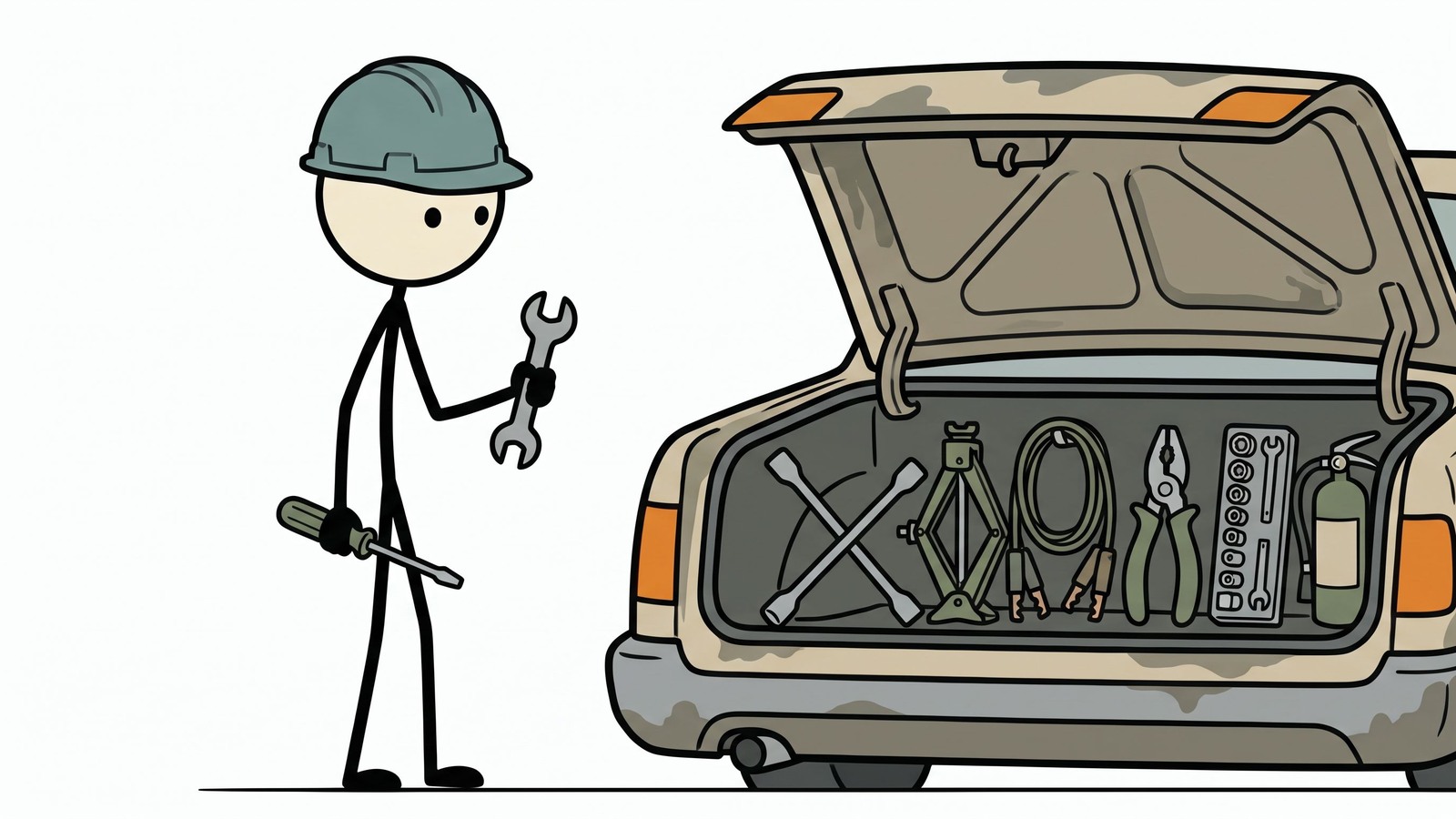 SC-Stil Illustration für Notfallvorsorge im Fahrzeug, einschließlich Werkzeuge, saisonaler Ausrüstung, Kommunikations-Backups und Sicherheitsprotokoll am Straßenrand