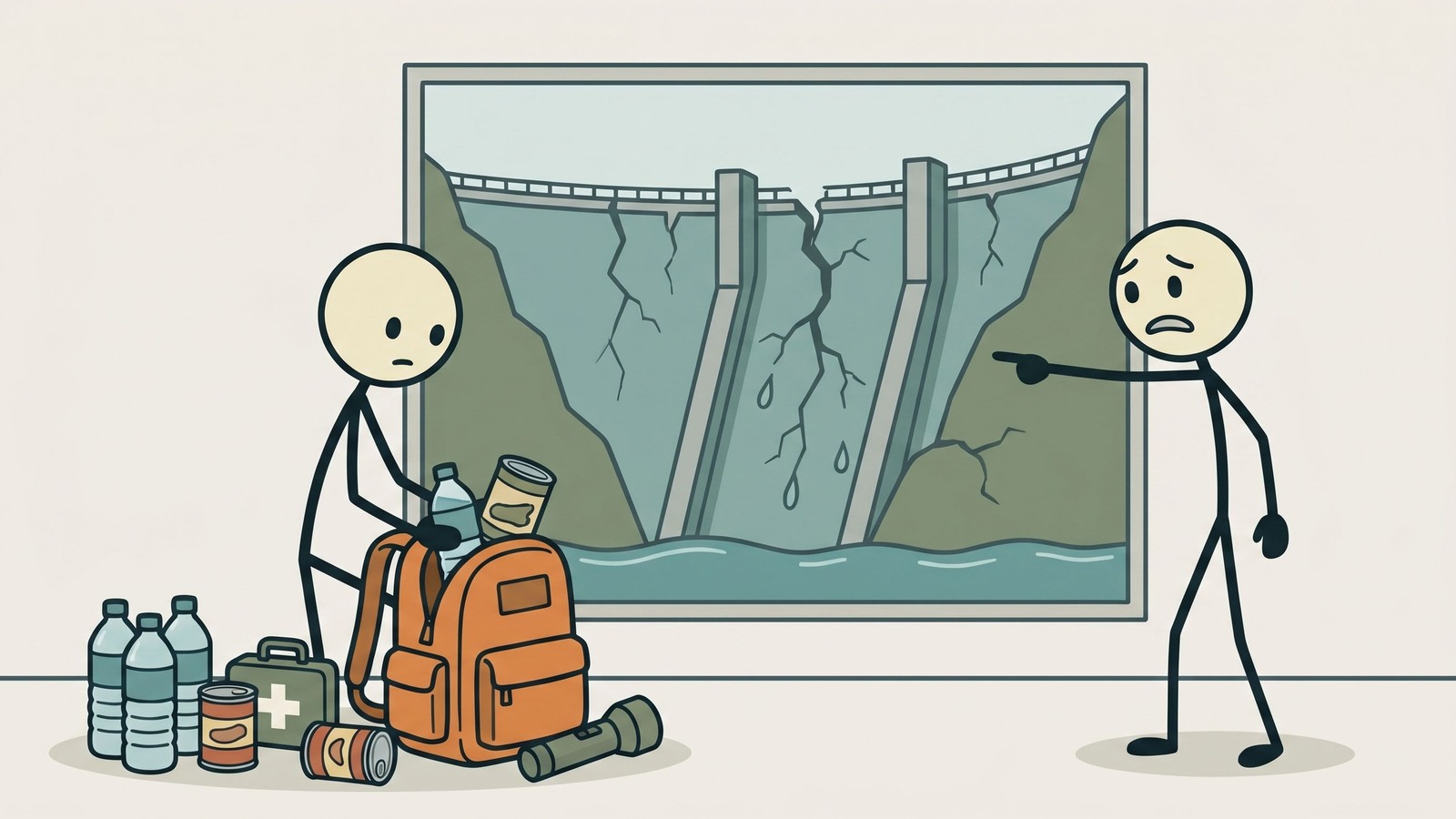SC-Stil-Illustration, die die unterschätzte Bedrohung durch Dammbrüche erklärt, wie man seine Damm-Überflutungszone findet, den kritischen Unterschied zwischen Dammbruch und normalem Hochwasser und schnelle Evakuierungsprotokolle.