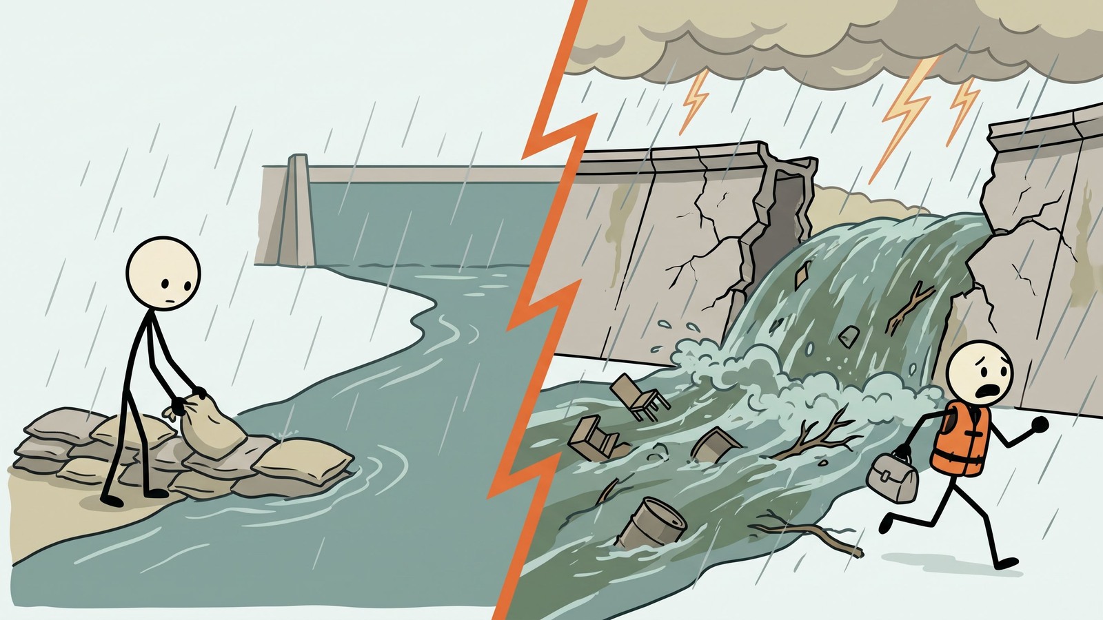 SC-Stil-Illustration, die die unterschätzte Bedrohung durch Dammbrüche erklärt, wie man seine Damm-Überflutungszone findet, den kritischen Unterschied zwischen Dammbruch und normalem Hochwasser und schnelle Evakuierungsprotokolle.