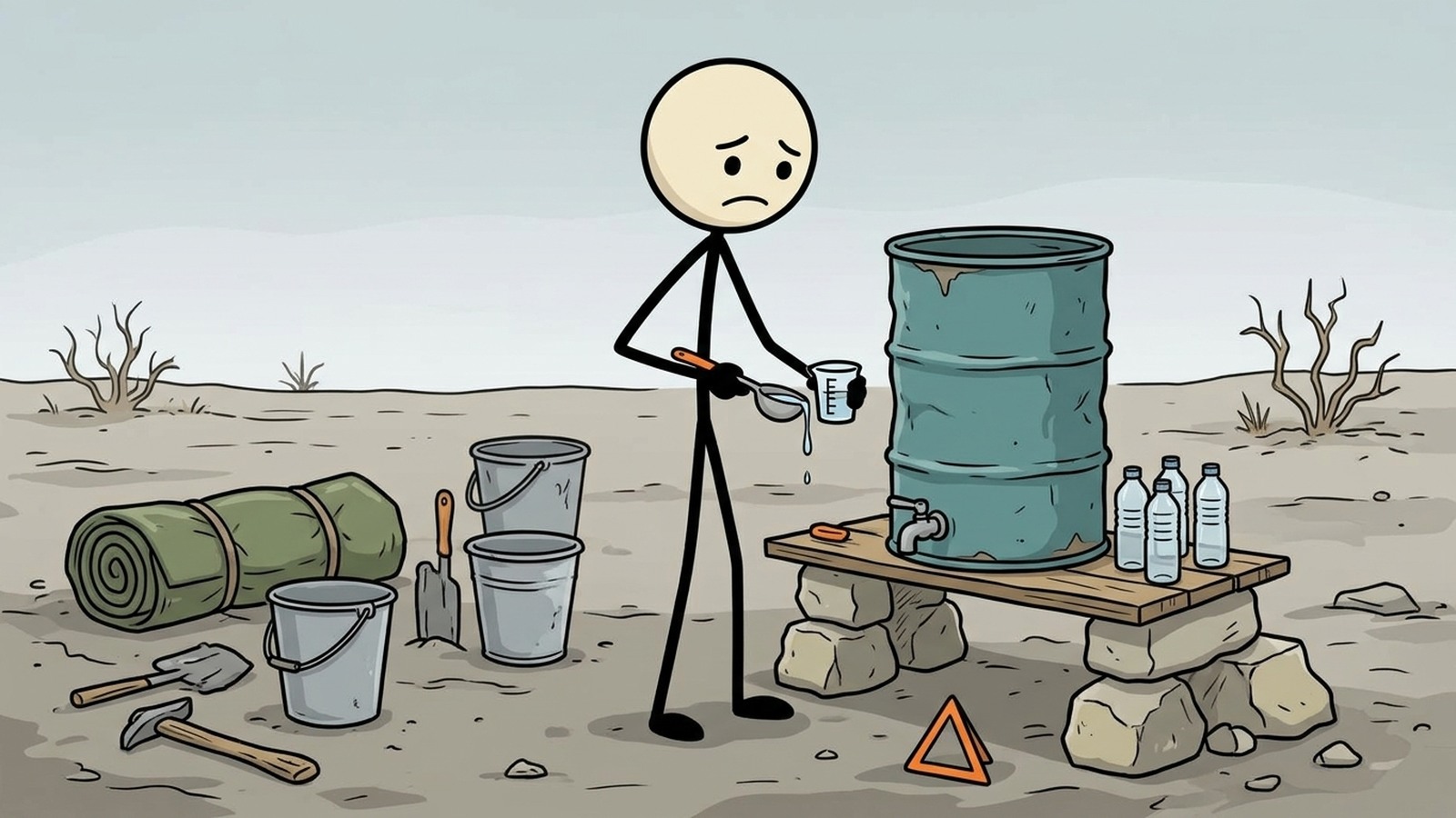 SC-Stil Illustration für mehrwöchige und mehrmonatige Dürreszenarien, einschließlich kommunaler Wassereinschränkungen, Brunnenversagen, Strategien zur Wasserrationierung im Haushalt, Grauwasserwiederverwendung und langfristigem dürreresistenten Leben.