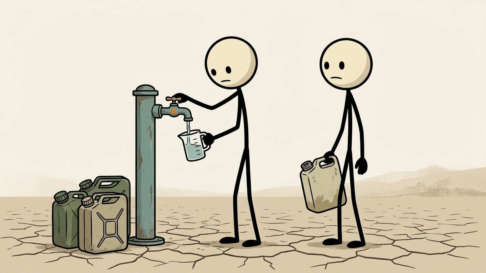 SC-Stil Illustration für mehrwöchige und mehrmonatige Dürreszenarien, einschließlich kommunaler Wassereinschränkungen, Brunnenversagen, Strategien zur Wasserrationierung im Haushalt, Grauwasserwiederverwendung und langfristigem dürreresistenten Leben.