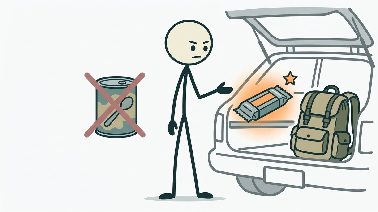 SC-Stil Illustration für Auswahl, Lagerung, Rotation und sichere Verwendung von Fahrzeugnahrung ohne auf unsichere Langzeitlagerung angewiesen zu sein.