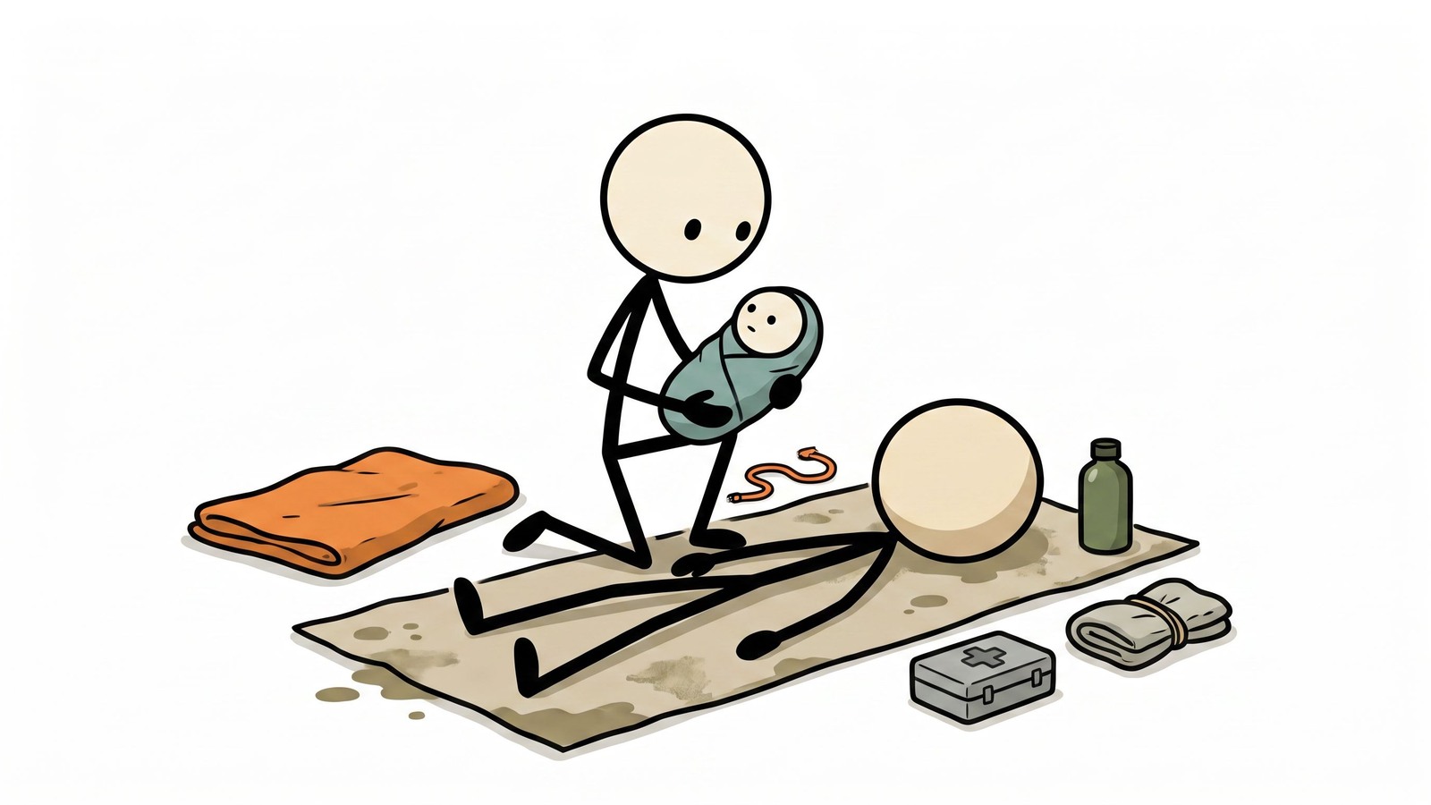SC-style illustration for Step-by-step guide for managing an emergency birth when professional medical assistance is unavailable