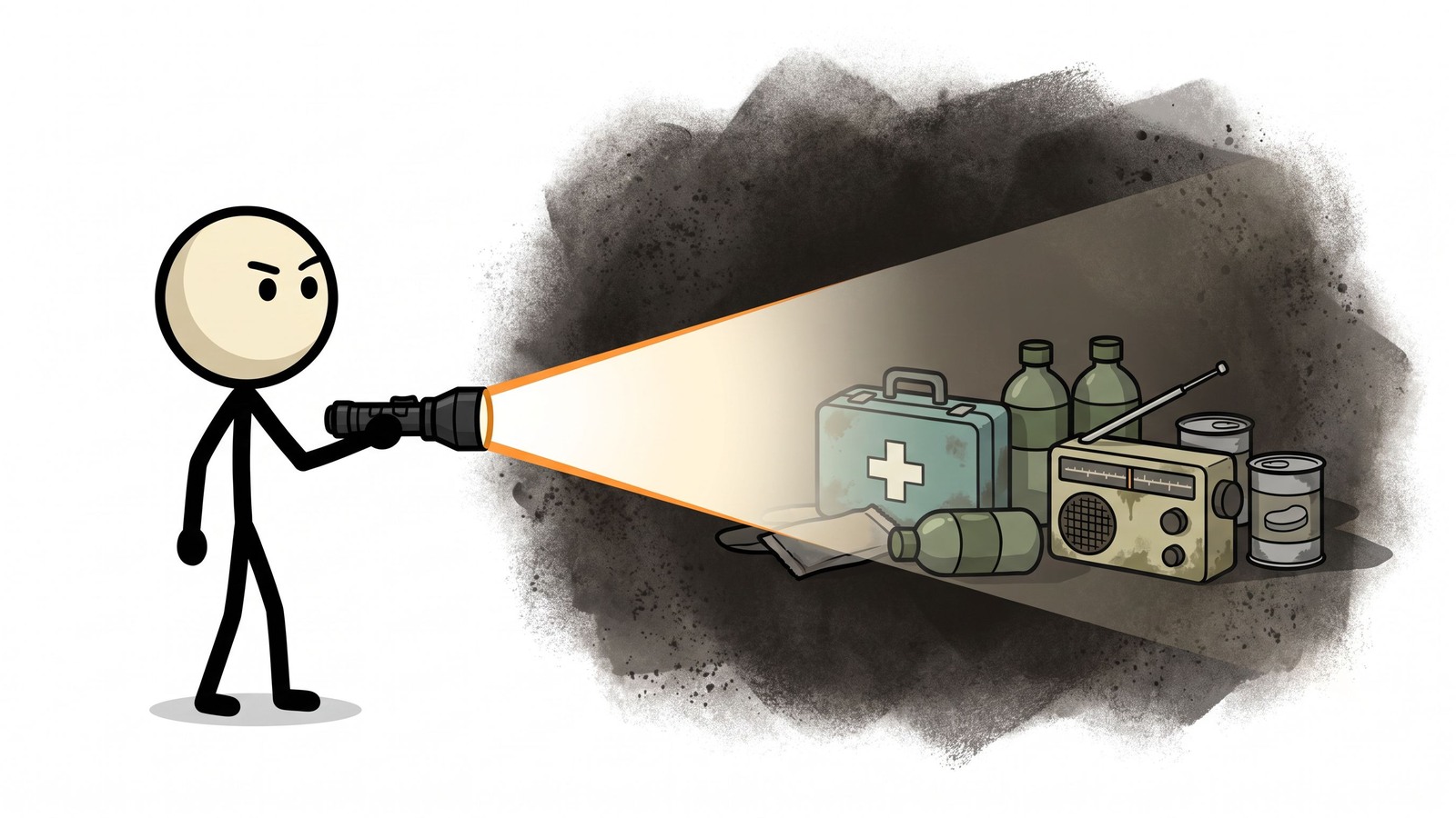 SC-style illustration for A comprehensive comparison of flashlights, headlamps, and solar lanterns to help readers choose the most reliable emergency lighting solutions for power outages and survival situations.