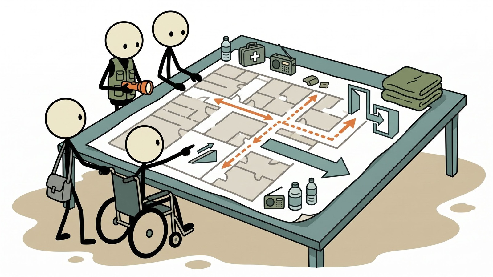SC-style illustration for Comprehensive guide for people with disabilities covering evacuation planning, communication barriers, medical equipment backup power, special needs registries, and how caregivers can coordinate support.