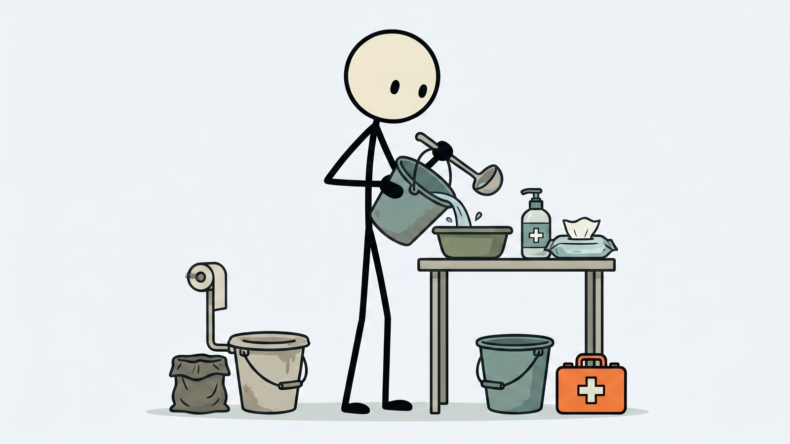 SC-Stil Illustration zur Haushalts-Sanitärplanung bei Wasserausfällen, einschließlich Toilettenalternativen, Händehygiene, Abfallentsorgung und Krankheitsprävention