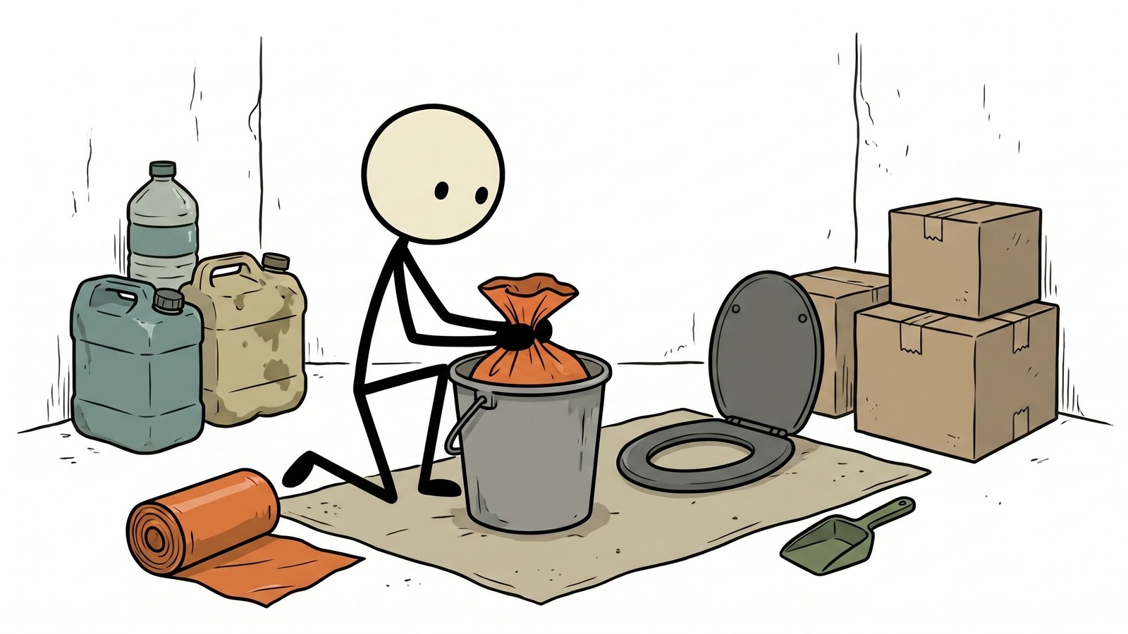 SC-Stil Illustration zur Haushalts-Sanitärplanung bei Wasserausfällen, einschließlich Toilettenalternativen, Händehygiene, Abfallentsorgung und Krankheitsprävention