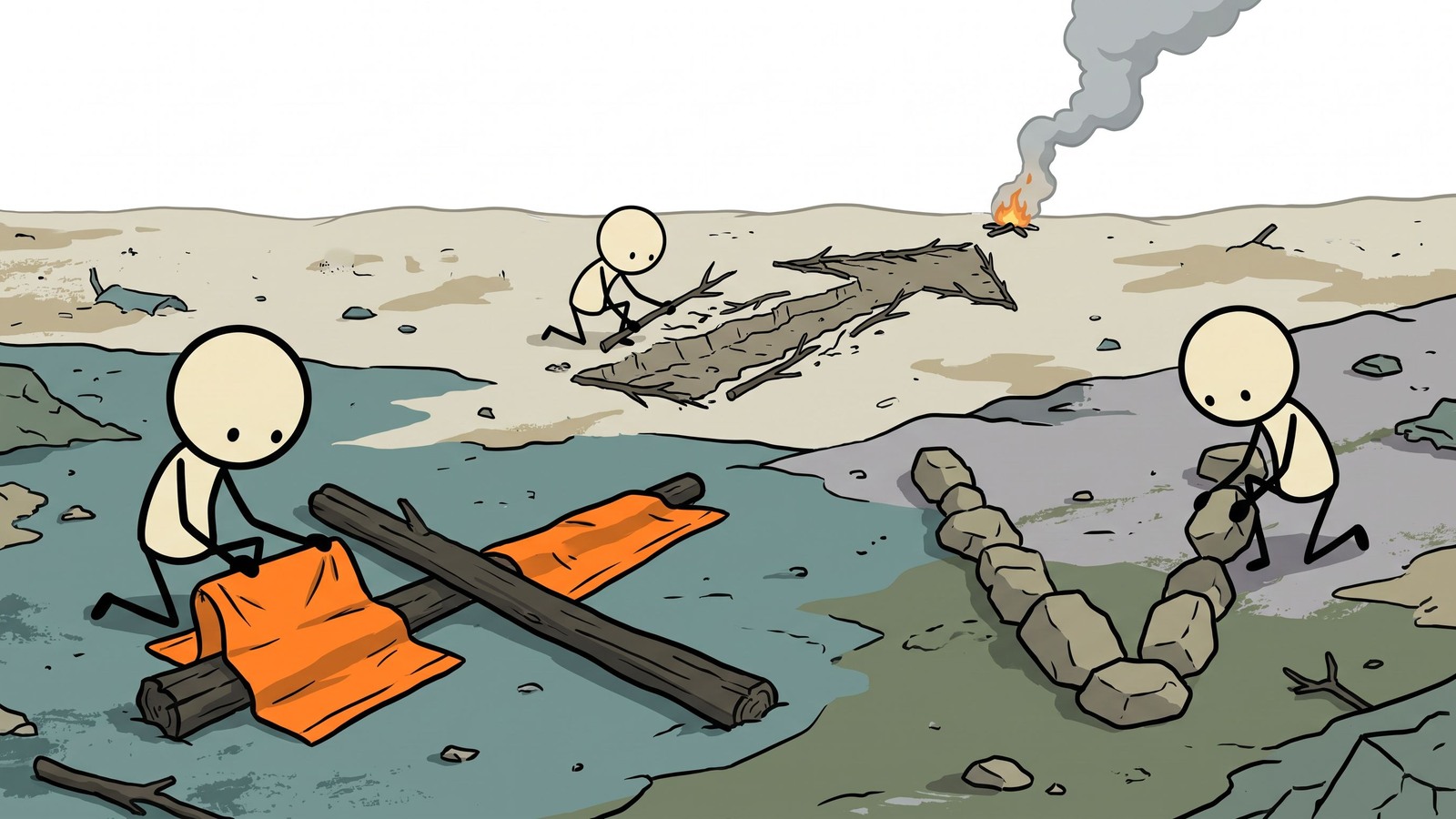 SC-Stil-Illustration für Dieser Beitrag bietet eine umfassende Anleitung zur Nutzung primitiver und nicht-elektronischer Notfallsignaltechniken, wie Bodensignale, Spiegel, Feuer und Pfeifen, um Rettungsteams anzulocken, wenn moderne Technologie in der Wildnis versagt.