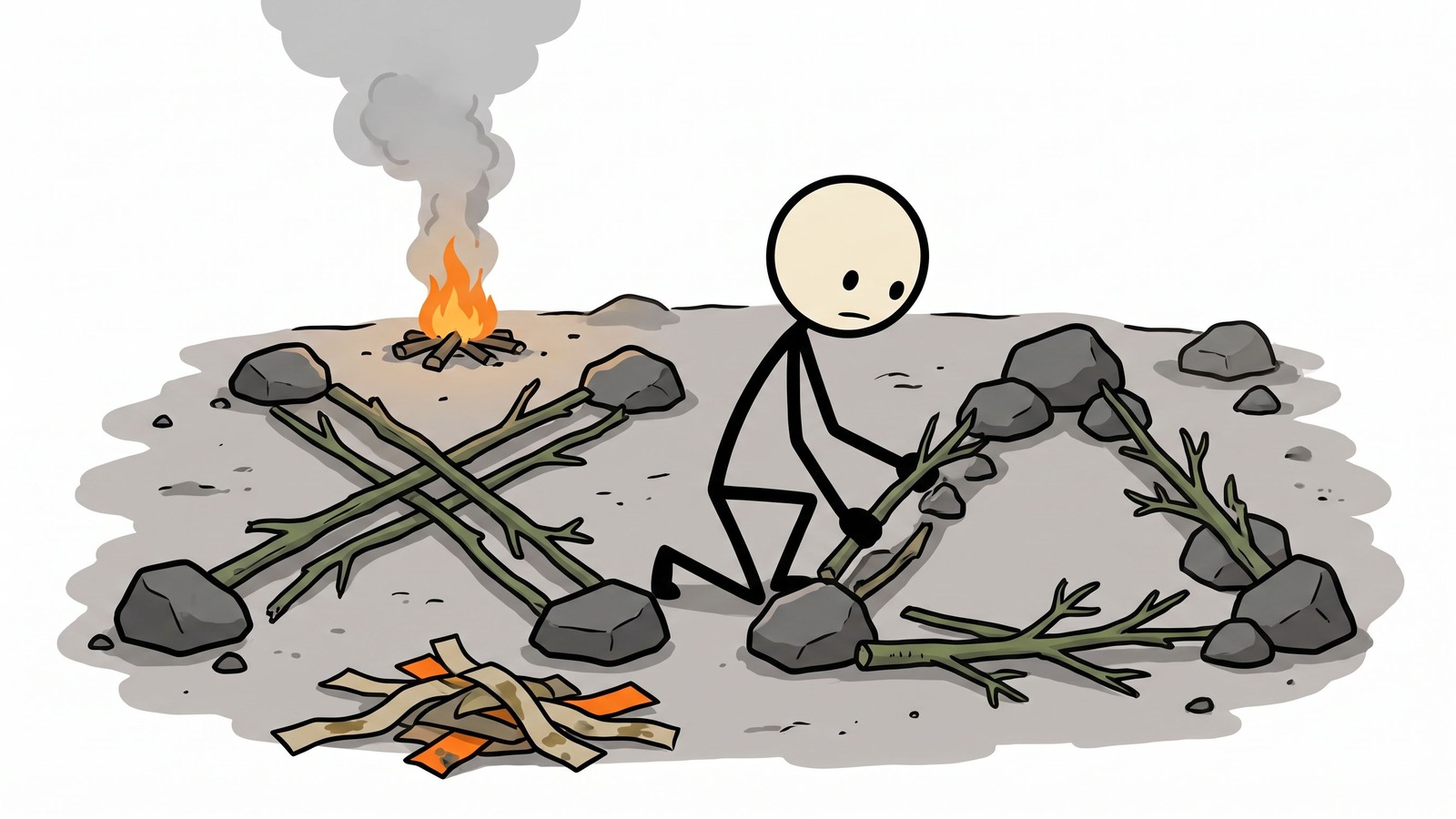 SC-Stil-Illustration für Dieser Beitrag bietet eine umfassende Anleitung zur Nutzung primitiver und nicht-elektronischer Notfallsignaltechniken, wie Bodensignale, Spiegel, Feuer und Pfeifen, um Rettungsteams anzulocken, wenn moderne Technologie in der Wildnis versagt.