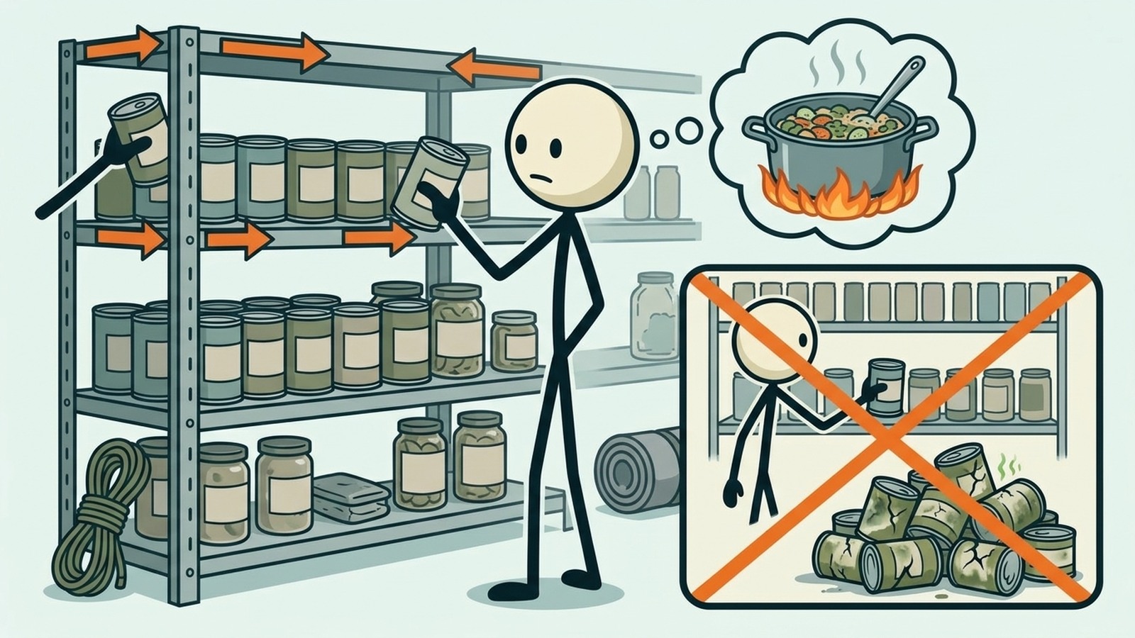 SC-Stil-Illustration für Dieser Beitrag bietet eine umfassende Schritt-für-Schritt-Anleitung zur Implementierung der First-In, First-Out (FIFO)-Methode zur Organisation von Notfall-Lebensmittelvorräten und zur Vermeidung kostspieliger Lebensmittelverschwendung.