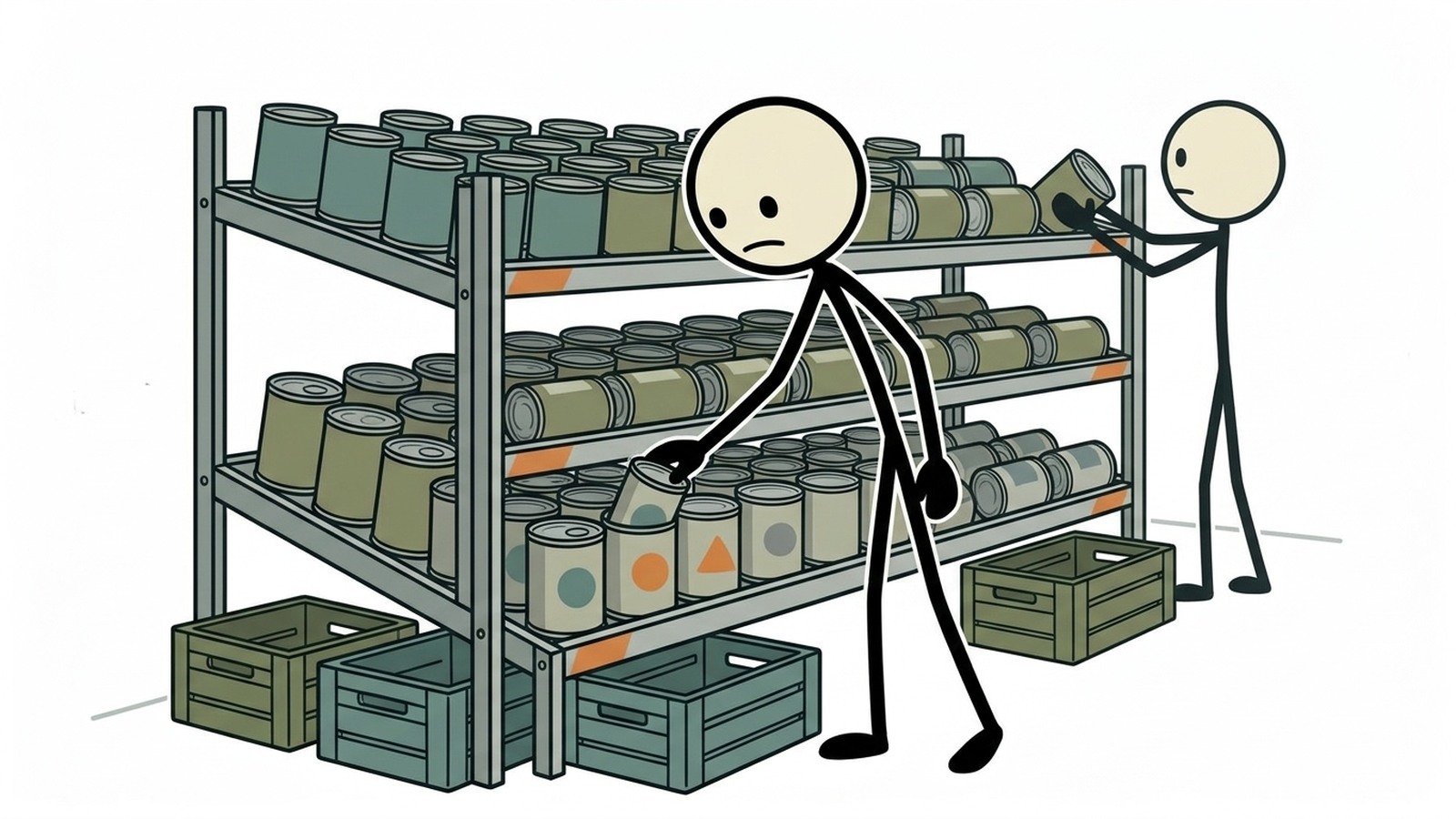 SC-Stil-Illustration für Dieser Beitrag bietet eine umfassende Schritt-für-Schritt-Anleitung zur Implementierung der First-In, First-Out (FIFO)-Methode zur Organisation von Notfall-Lebensmittelvorräten und zur Vermeidung kostspieliger Lebensmittelverschwendung.
