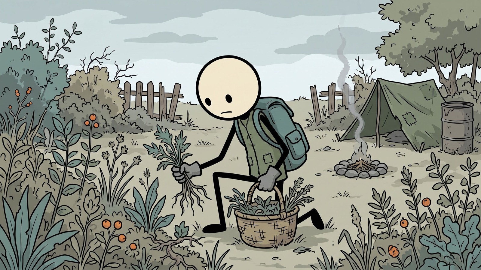 SC-style illustration for Introduction to foraging wild edible plants for emergency food supplementation
