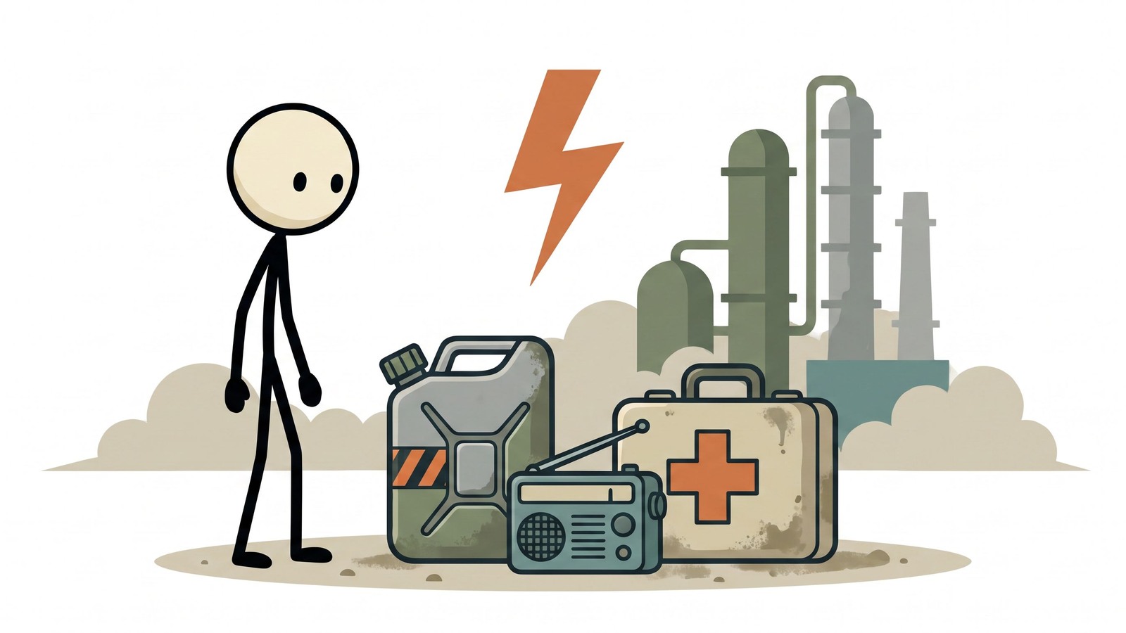 SC-Stil-Illustration für einen umfassenden Leitfaden, der speziell für Bewohner der Golfküste zugeschnitten ist, wie man sich auf industrielle petrochemische Lecks und Gefahrstoffnotfälle, die durch schwere Wetterereignisse verschärft werden, vorbereitet, sich schützt und sicher evakuiert.