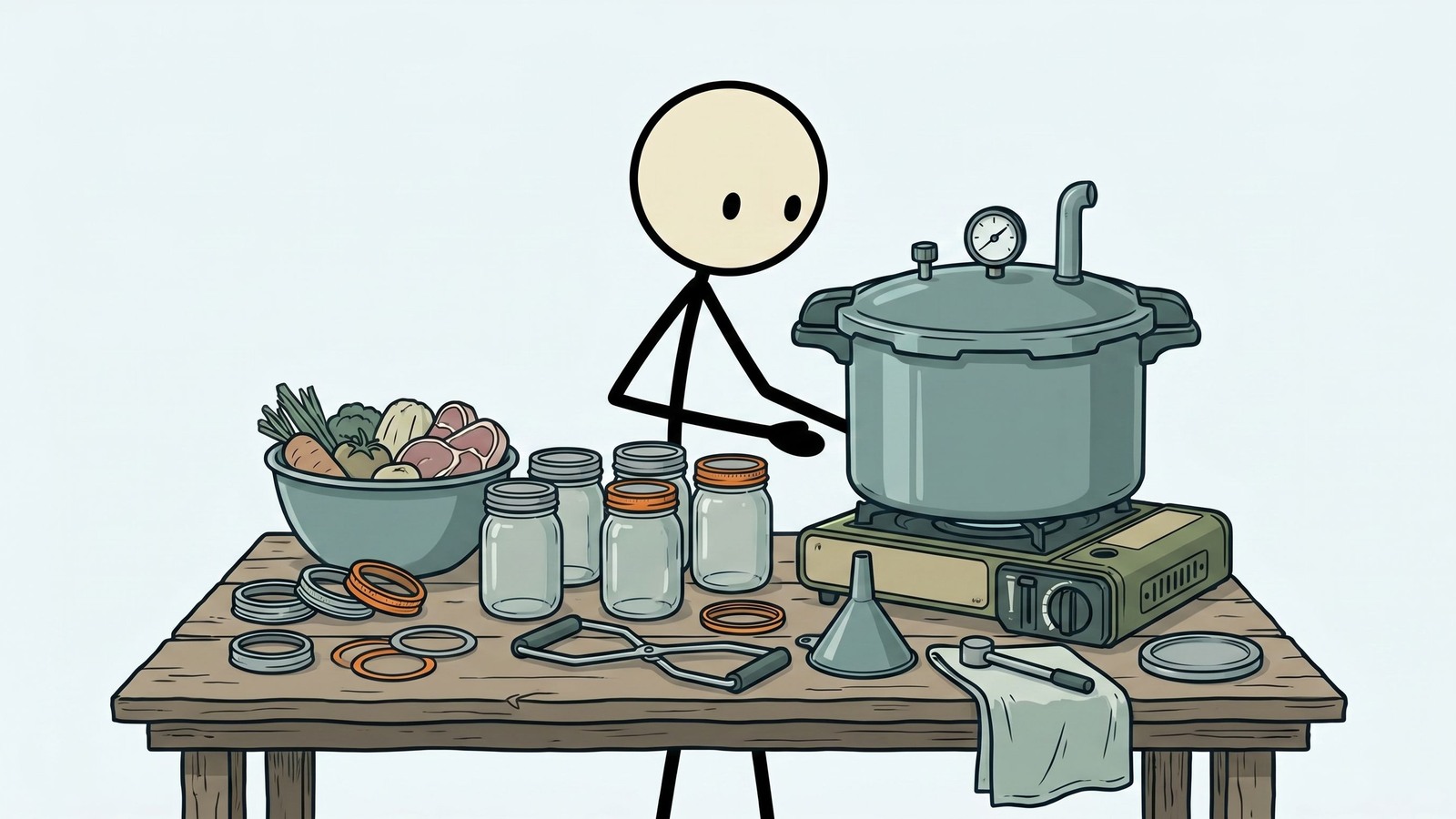 SC-Stil Illustration für einen anfängerfreundlichen Leitfaden zum Druckeinkochen zur Notfall-Lebensmittelkonservierung