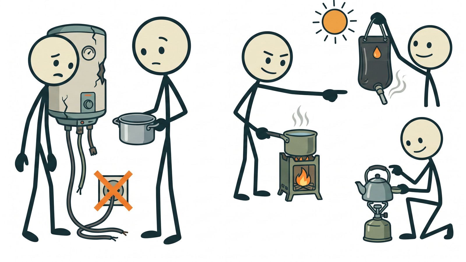 SC-Stil-Illustration für einen umfassenden Leitfaden, der sichere, praktische und vielfältige Methoden zum Erhitzen von Wasser während eines längeren Stromausfalls oder eines Überlebensszenarios ohne Stromnetz detailliert beschreibt.