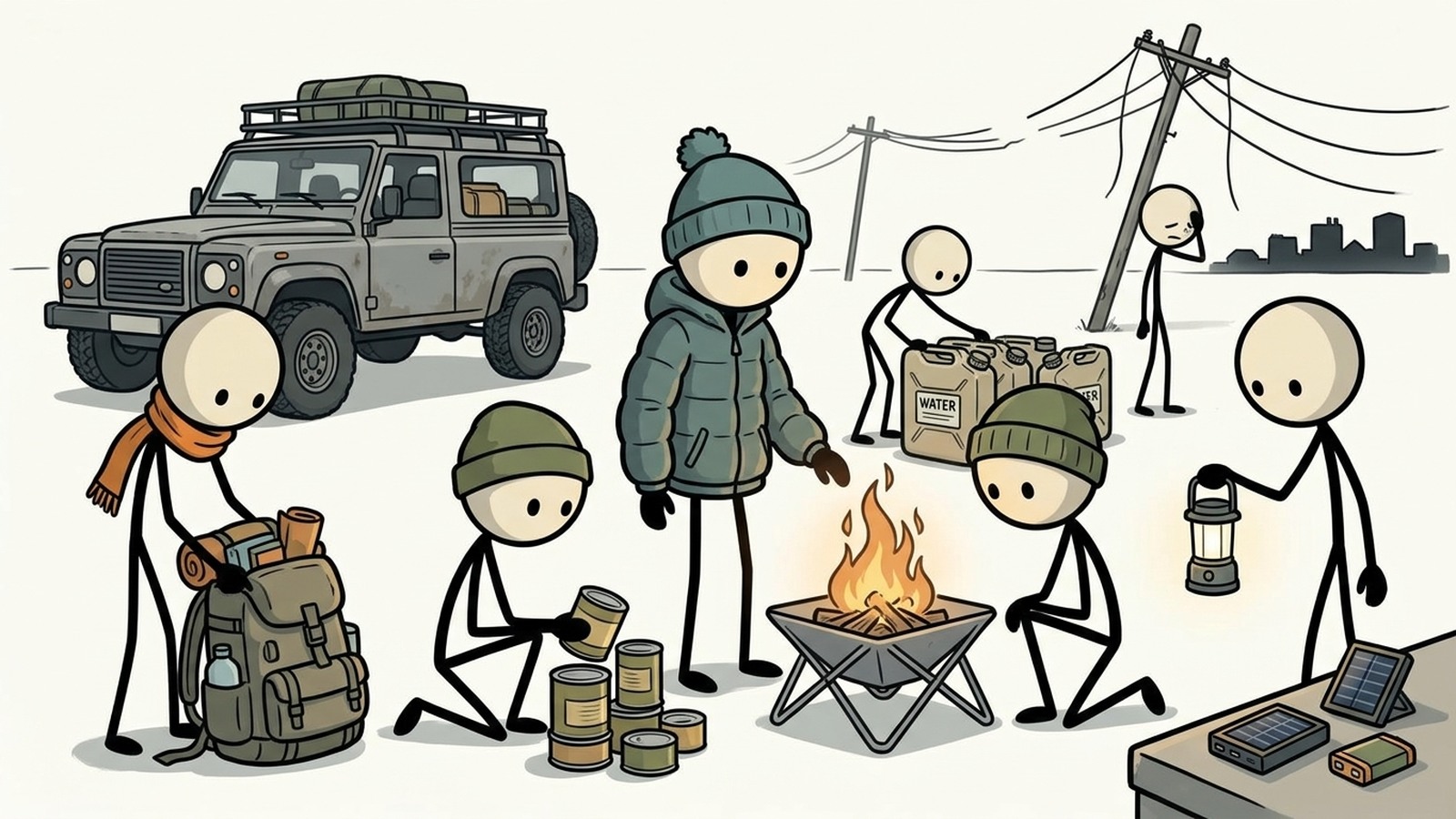 SC-style illustration for Build a household plan for freezing rain, blocked roads, falling limbs, and multi-day outages.