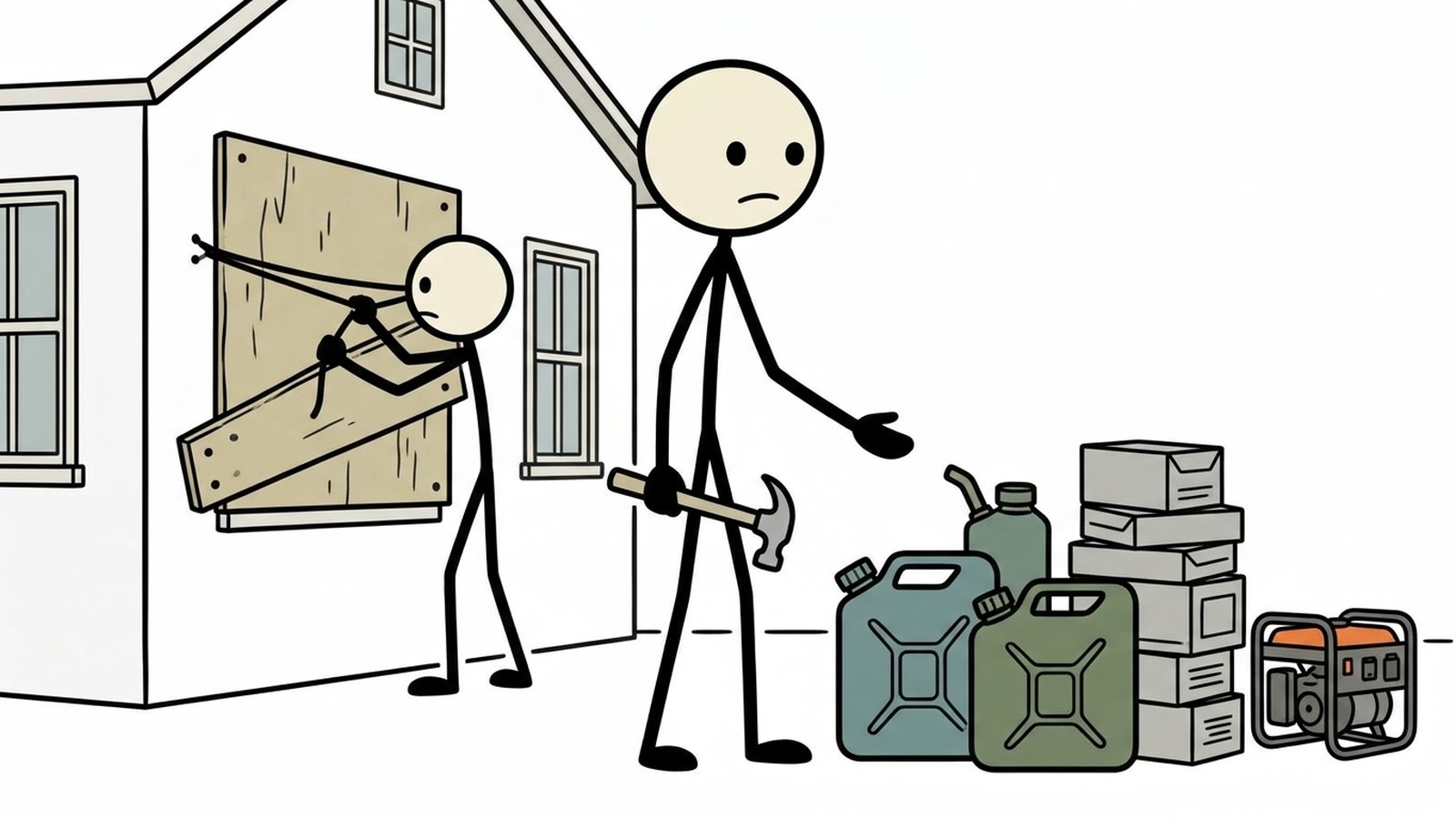 SC-style illustration for Build a household plan for freezing rain, blocked roads, falling limbs, and multi-day outages.