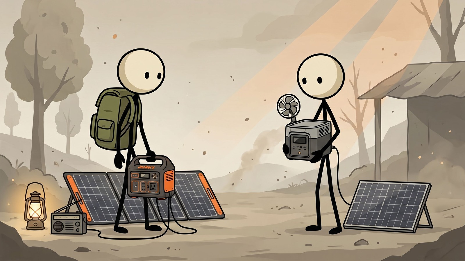 SC-style illustration: family using power station during outage