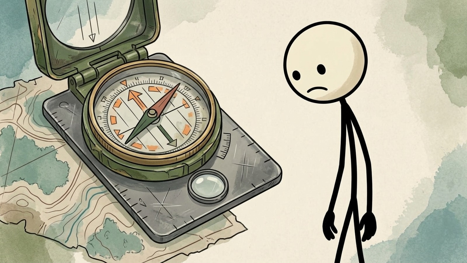 SC-Stil-Illustration für einen praktischen Leitfaden zur Navigation mit topografischer Karte und Kompass, wenn GPS nicht verfügbar ist