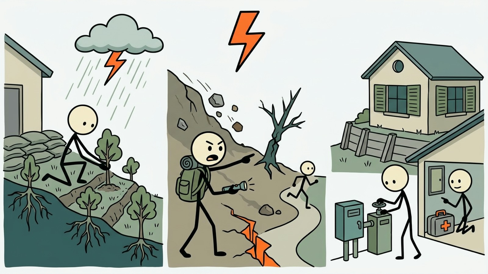 Illustration im SC-Stil für die Abdeckung von Regenrisiko, Warnzeichen am Eigentum, Evakuierungsauslöser und sicherere Maßnahmen während eines Erdrutsches.