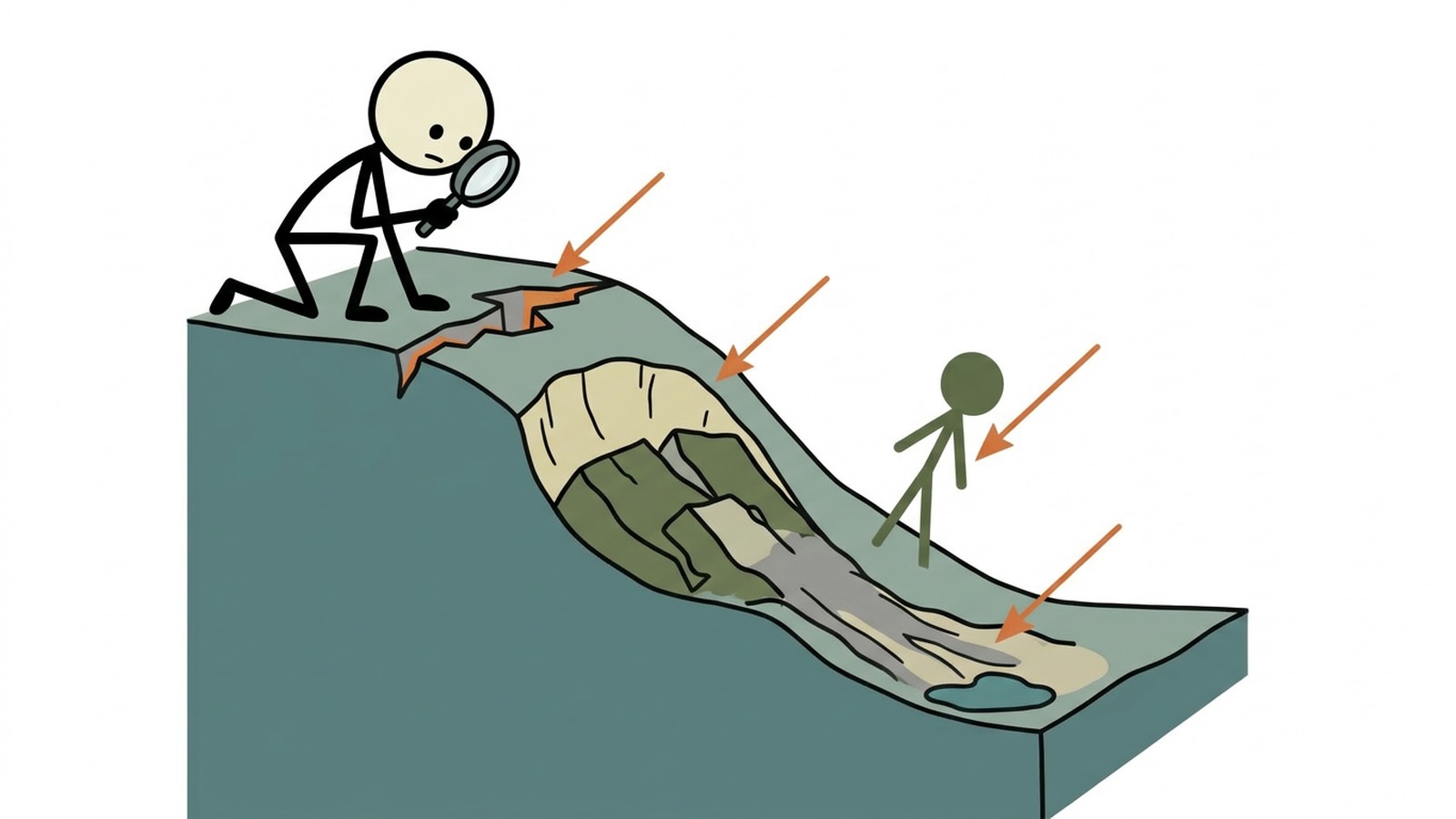 Illustration im SC-Stil für die Abdeckung von Regenrisiko, Warnzeichen am Eigentum, Evakuierungsauslöser und sicherere Maßnahmen während eines Erdrutsches.