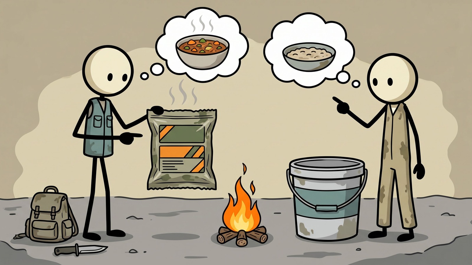 SC-Stil Illustration für einen direkten Vergleich von Notfallnahrung von Mountain House vs. ReadyWise für die häusliche Vorsorge. Erklärt, für wen jede Marke geeignet ist, Mahlzeitenqualität, Haltbarkeitsangaben, Kalorien pro Tag, Protein, Natrium, benötigtes Wasser, Zubereitungsmethode, Verpackung, Lagerplatzbedarf, Kosten pro Kalorie und wie beide Marken in einem praktischen Notfall-Lebensmittelplan für den Haushalt verwendet werden können.