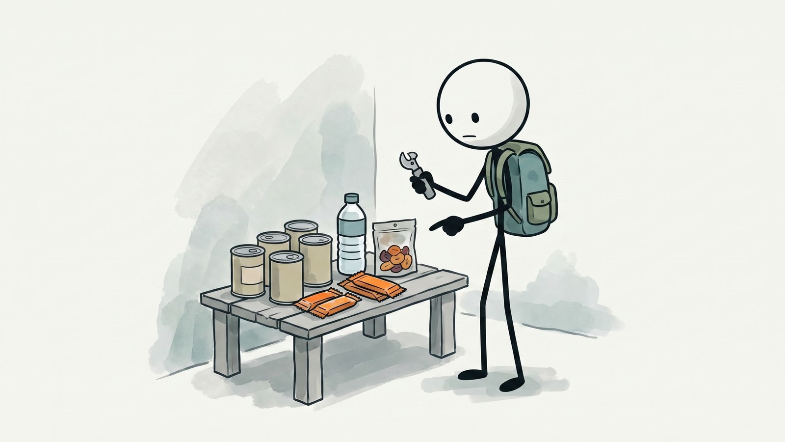 SC-Stil-Illustration für die Gestaltung eines Notfallmenüs ohne Kochen mit haltbaren Lebensmitteln, Hydrationsstrategie, Nährstoffbalance und abfallarmer Zubereitung