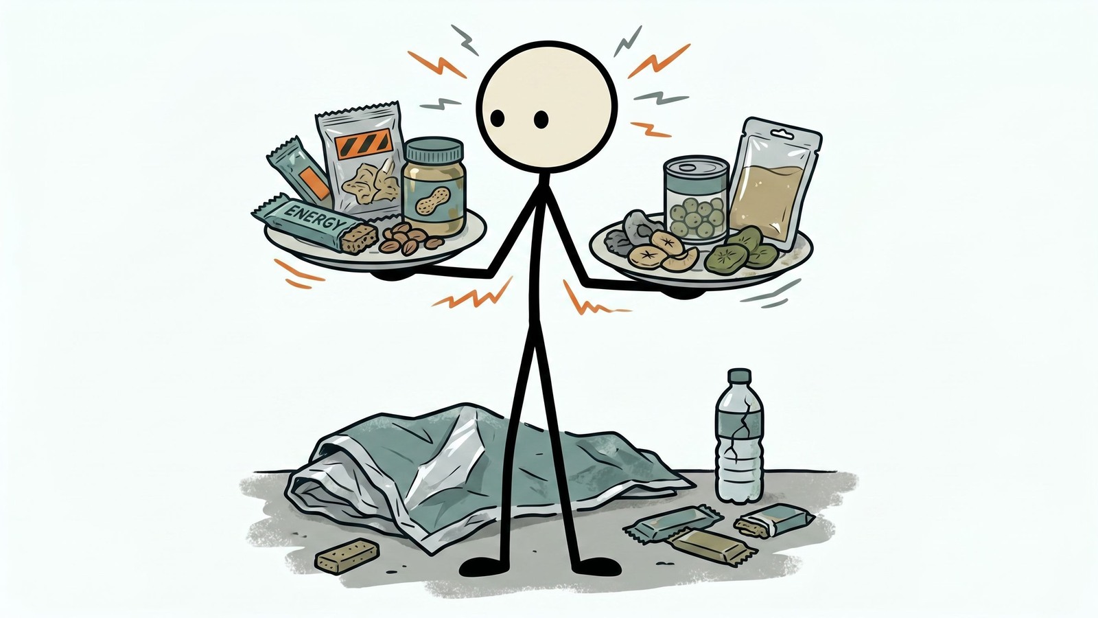 SC-Stil-Illustration für die Gestaltung eines Notfallmenüs ohne Kochen mit haltbaren Lebensmitteln, Hydrationsstrategie, Nährstoffbalance und abfallarmer Zubereitung