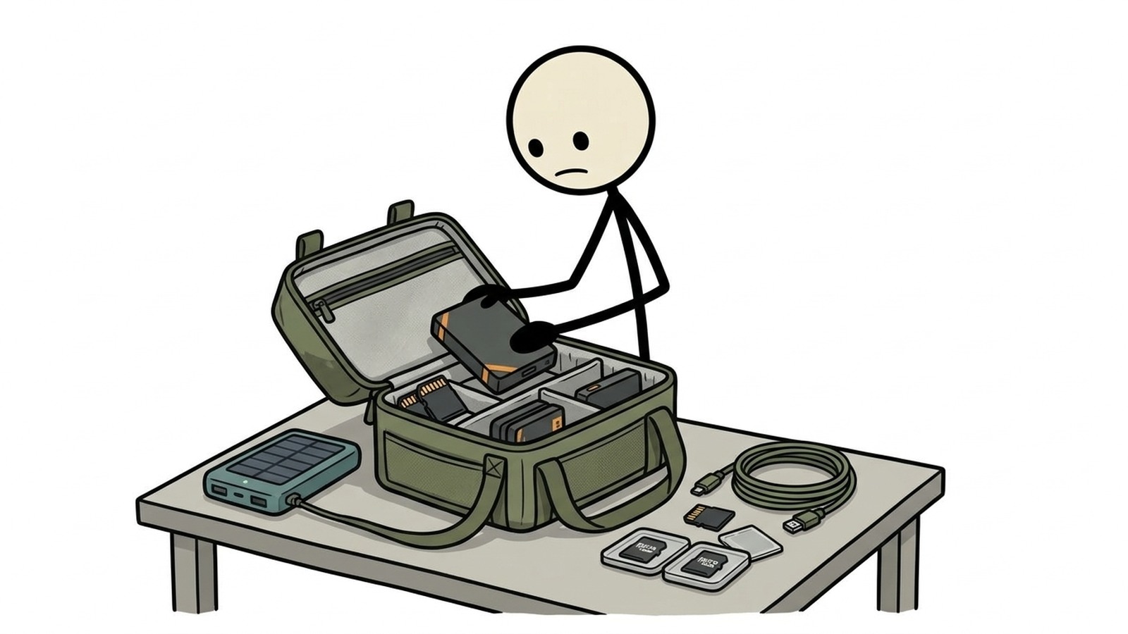 SC-Stil-Illustration für einen umfassenden Leitfaden zur Sicherung kritischer persönlicher, finanzieller und Überlebensdaten mithilfe physischer, netzunabhängiger Speicherlösungen, um den Informationszugang bei langfristigen Stromausfällen oder Internetausfällen zu gewährleisten.