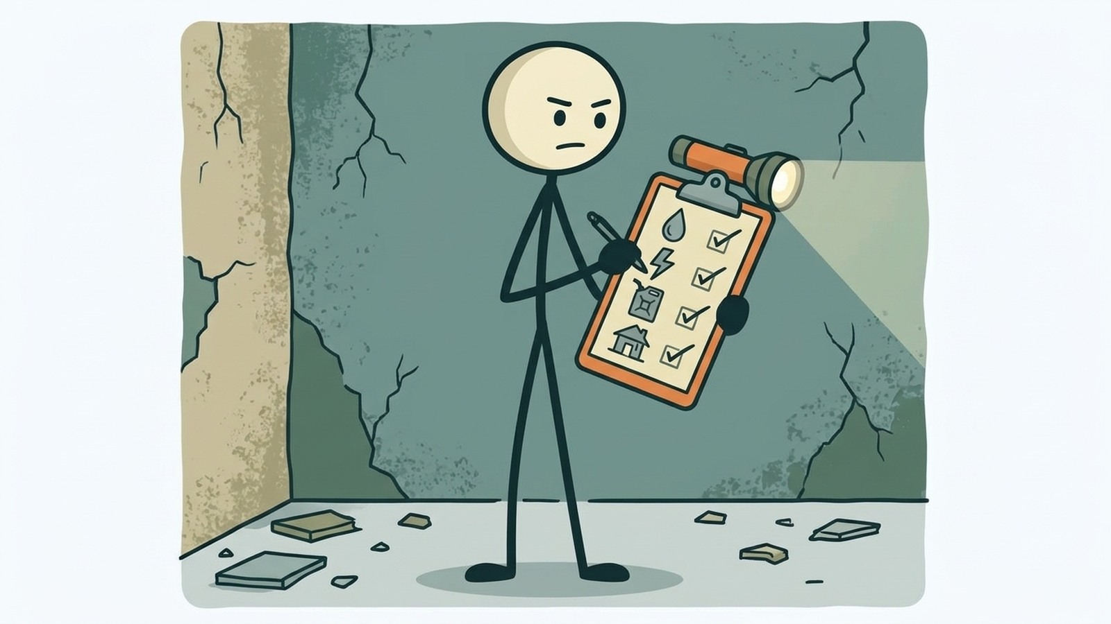 SC-Stil-Illustration für Sicherheit, Dokumentation, Versicherung, Versorgung, Aufräumarbeiten, Aufzeichnungen und emotionale Erholung nach einem Ereignis.