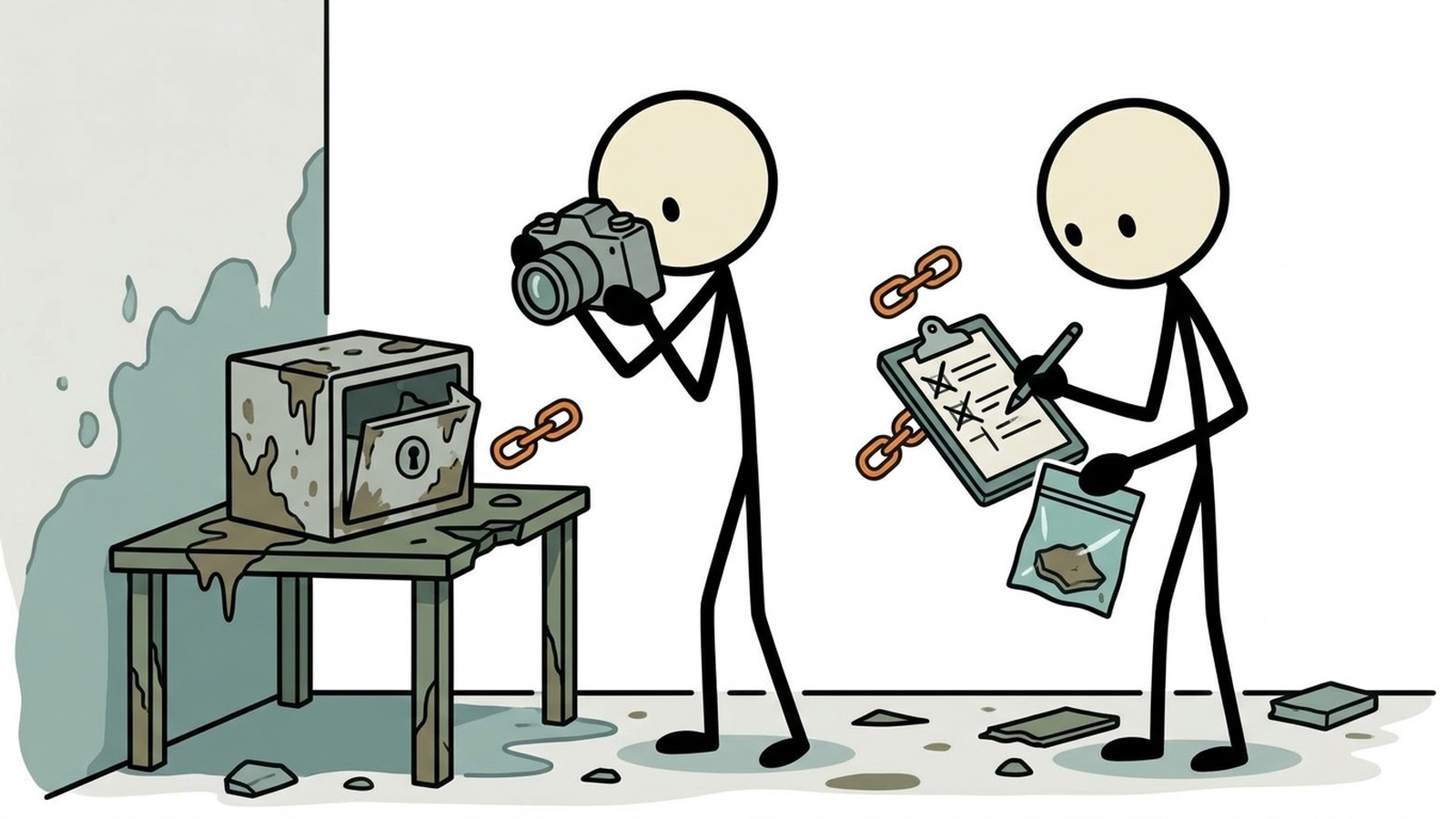 SC-Stil-Illustration für Sicherheit, Dokumentation, Versicherung, Versorgung, Aufräumarbeiten, Aufzeichnungen und emotionale Erholung nach einem Ereignis.