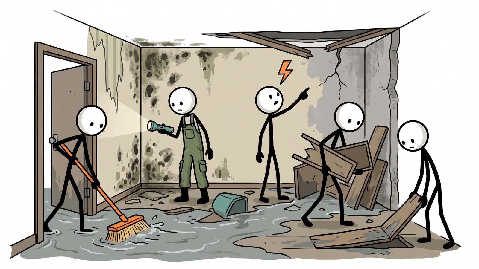 SC-Stil-Illustration für einen umfassenden Überlebensleitfaden zur sicheren Rückeroberung Ihres Hauses nach einer Überschwemmung, mit Schwerpunkt auf der Identifizierung struktureller Gefahren, der Verhinderung von giftigem Schimmelwachstum und der Durchführung eines schrittweisen Desinfektionsprotokolls.