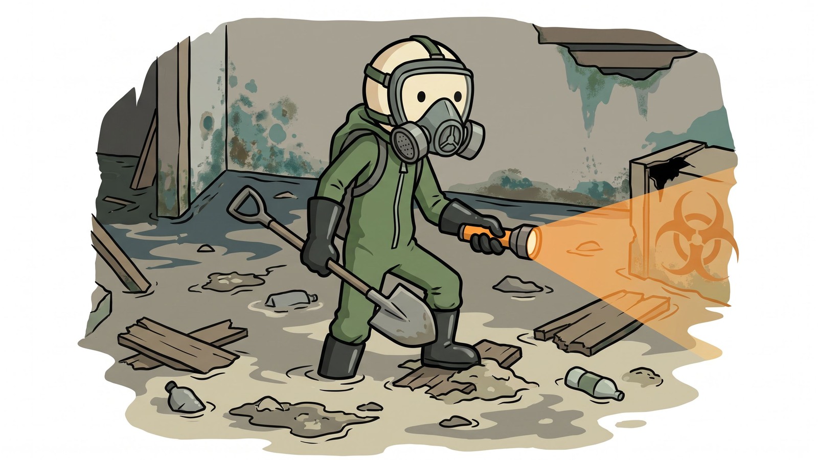 SC-Stil-Illustration für einen umfassenden Überlebensleitfaden zur sicheren Rückeroberung Ihres Hauses nach einer Überschwemmung, mit Schwerpunkt auf der Identifizierung struktureller Gefahren, der Verhinderung von giftigem Schimmelwachstum und der Durchführung eines schrittweisen Desinfektionsprotokolls.