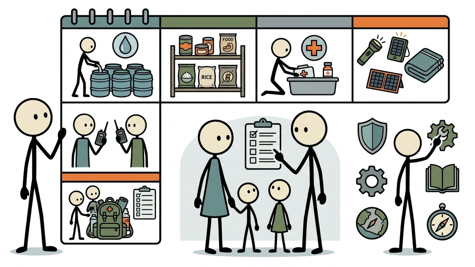 SC-style illustration for A practical beginner emergency preparedness checklist hub for normal families. Explain how to start prepping without fear or fear-based framing. Include a printable home emergency checklist, a 6-week starter plan, beginner prepper guide basics, small apartment and family constraints, and direct next steps into Protocol Survival tools, free course, emergency preparedness guide, and relevant courses.