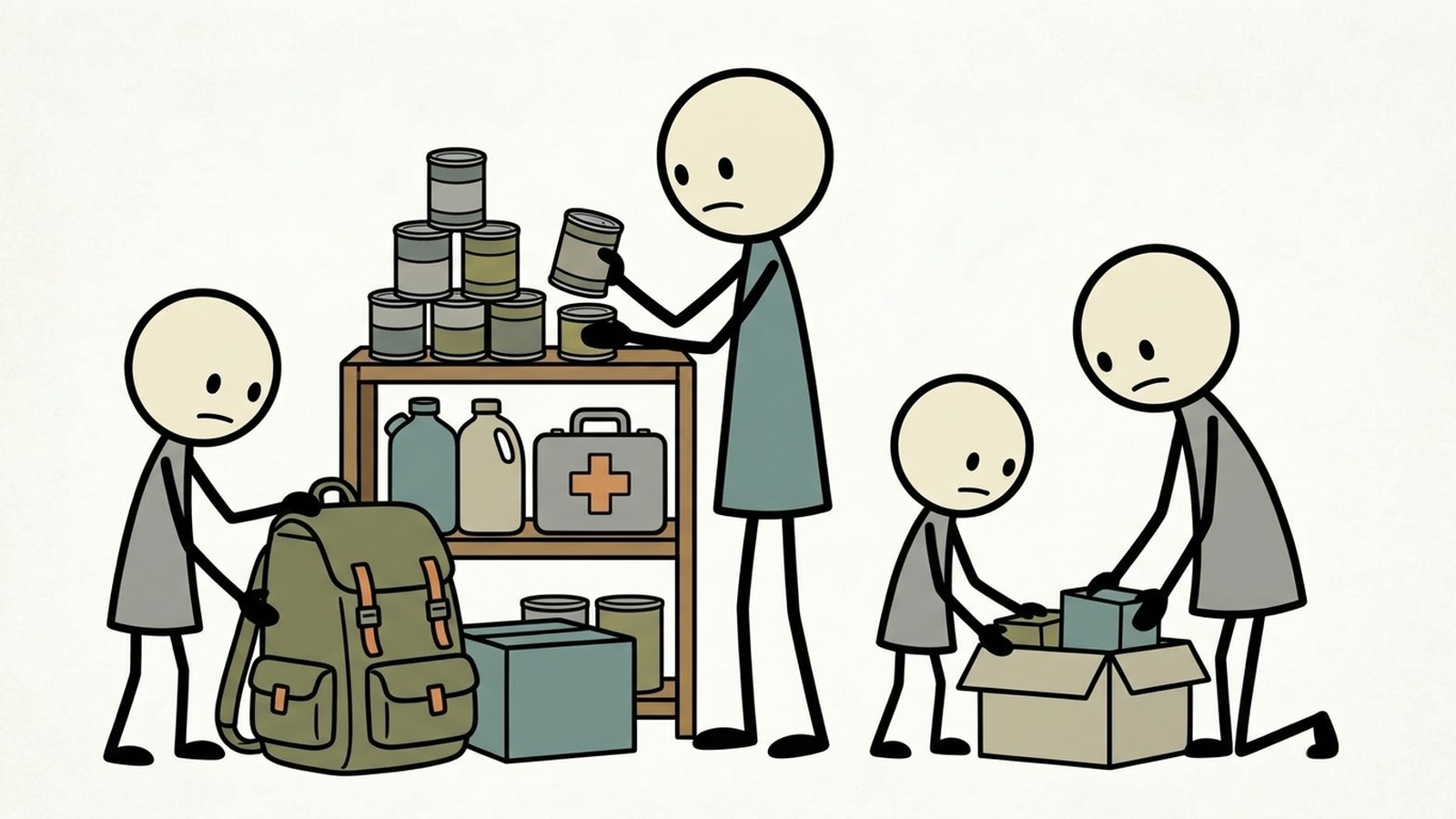 SC-style illustration for A practical beginner emergency preparedness checklist hub for normal families. Explain how to start prepping without fear or fear-based framing. Include a printable home emergency checklist, a 6-week starter plan, beginner prepper guide basics, small apartment and family constraints, and direct next steps into Protocol Survival tools, free course, emergency preparedness guide, and relevant courses.