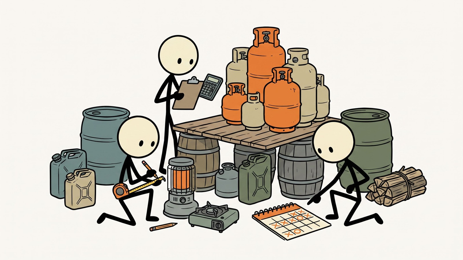 SC-Stil-Illustration für einen umfassenden Leitfaden für Prepper zur sicheren Lagerung, Handhabung und Berechnung des Propanbedarfs für langfristiges netzunabhängiges Überleben und Notfallvorsorge.