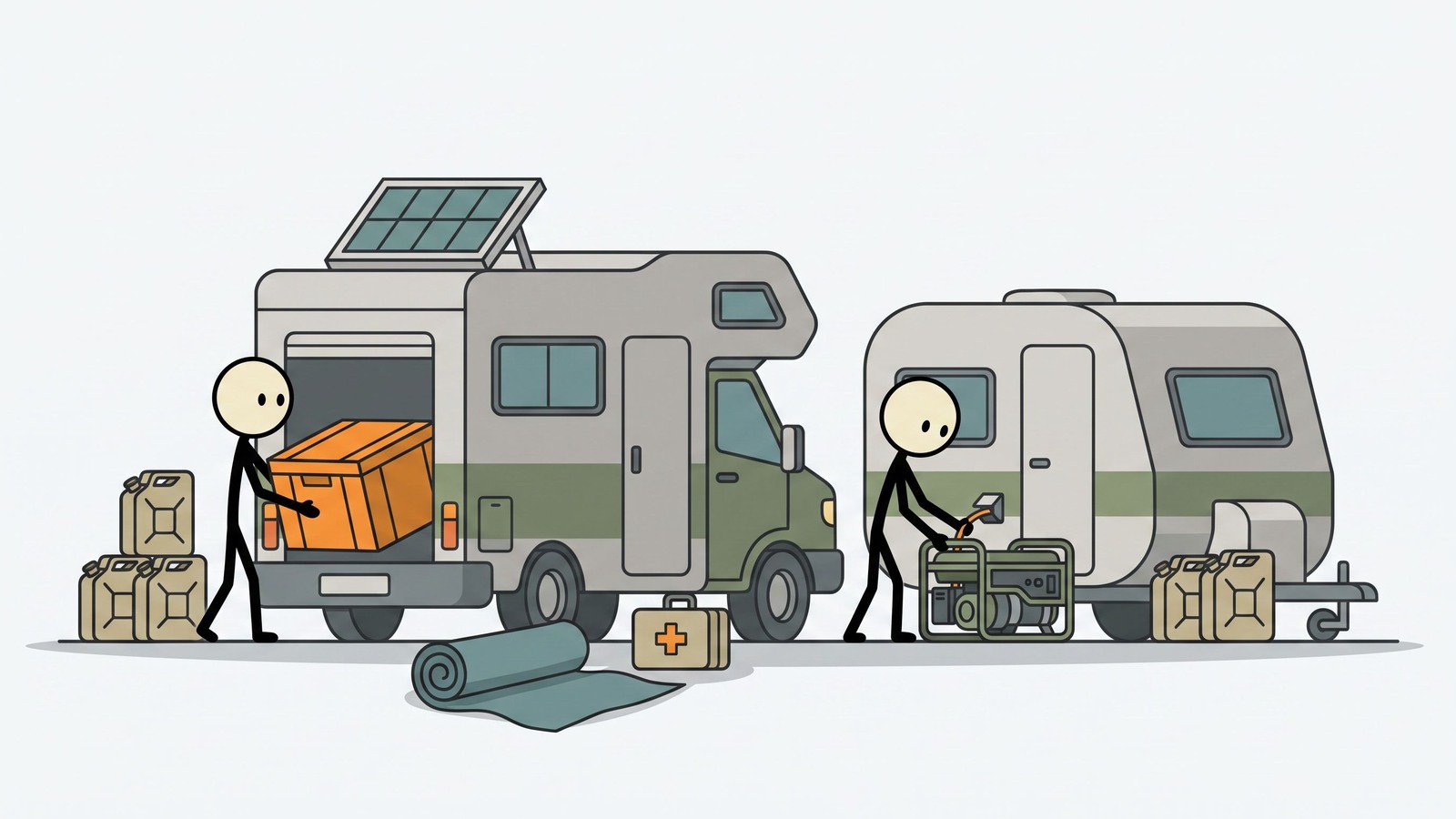 SC-style illustration for This comprehensive guide explores how to strategically outfit, stock, and utilize an RV or travel trailer as a self-sustaining mobile survival shelter during emergency evacuations.