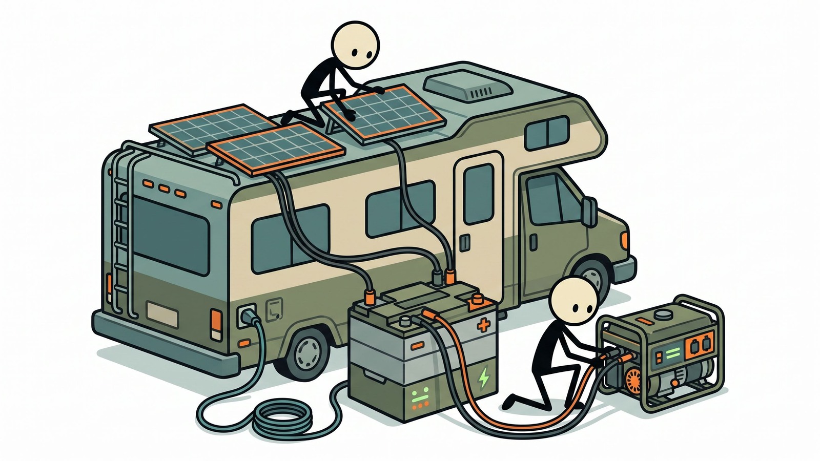 SC-style illustration for This comprehensive guide explores how to strategically outfit, stock, and utilize an RV or travel trailer as a self-sustaining mobile survival shelter during emergency evacuations.
