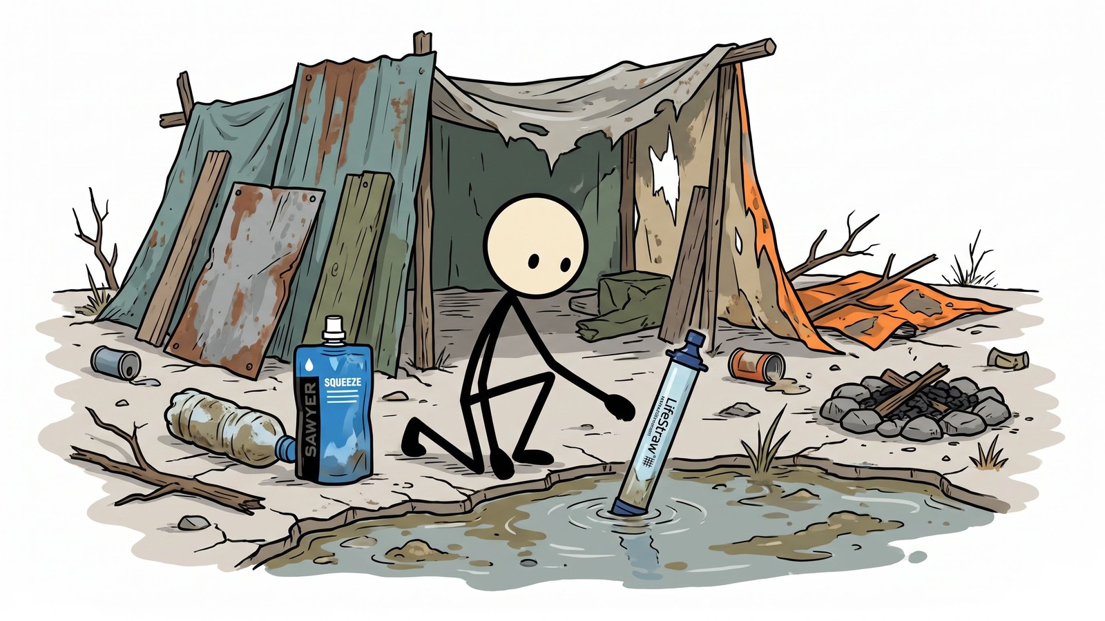 Illustration zur Notfallnutzung von Sawyer Squeeze und LifeStraw Wasserfiltern