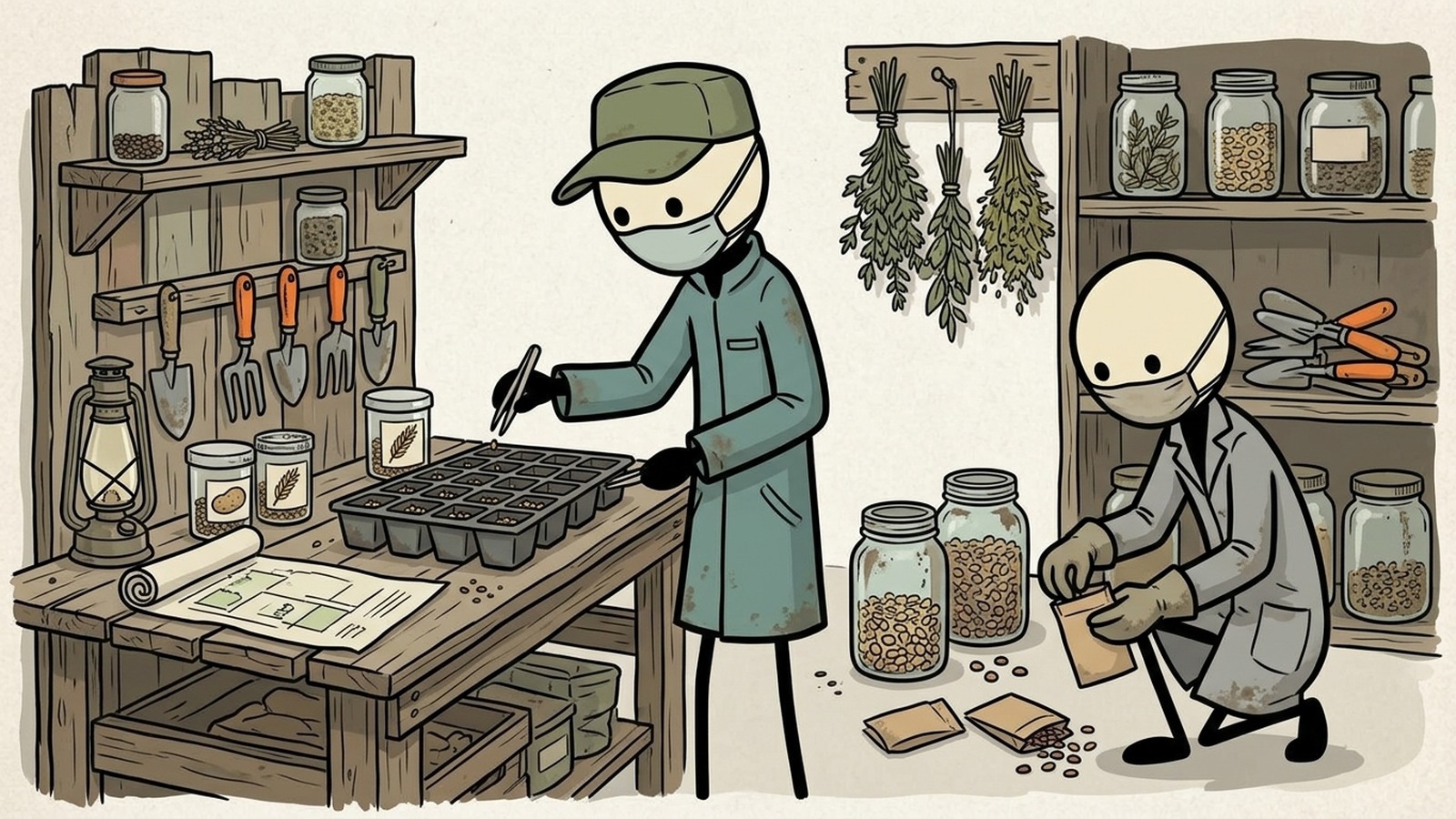 SC-Stil Illustration für einen umfassenden Leitfaden für Prepper zur Auswahl, Ernte und Konservierung von samenechten Samen, um einen sich selbst versorgenden Überlebensgarten aufzubauen, der langfristige Ernährungssicherheit während längerer Krisen gewährleistet.