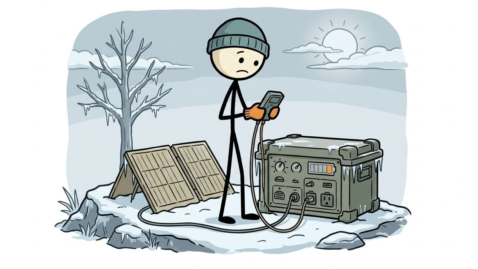 SC-Stil-Illustration für die Planung der tatsächlichen Winterleistung basierend auf Paneelwinkel, Schnee, Batterietemperatur und reduziertem Tageslicht.